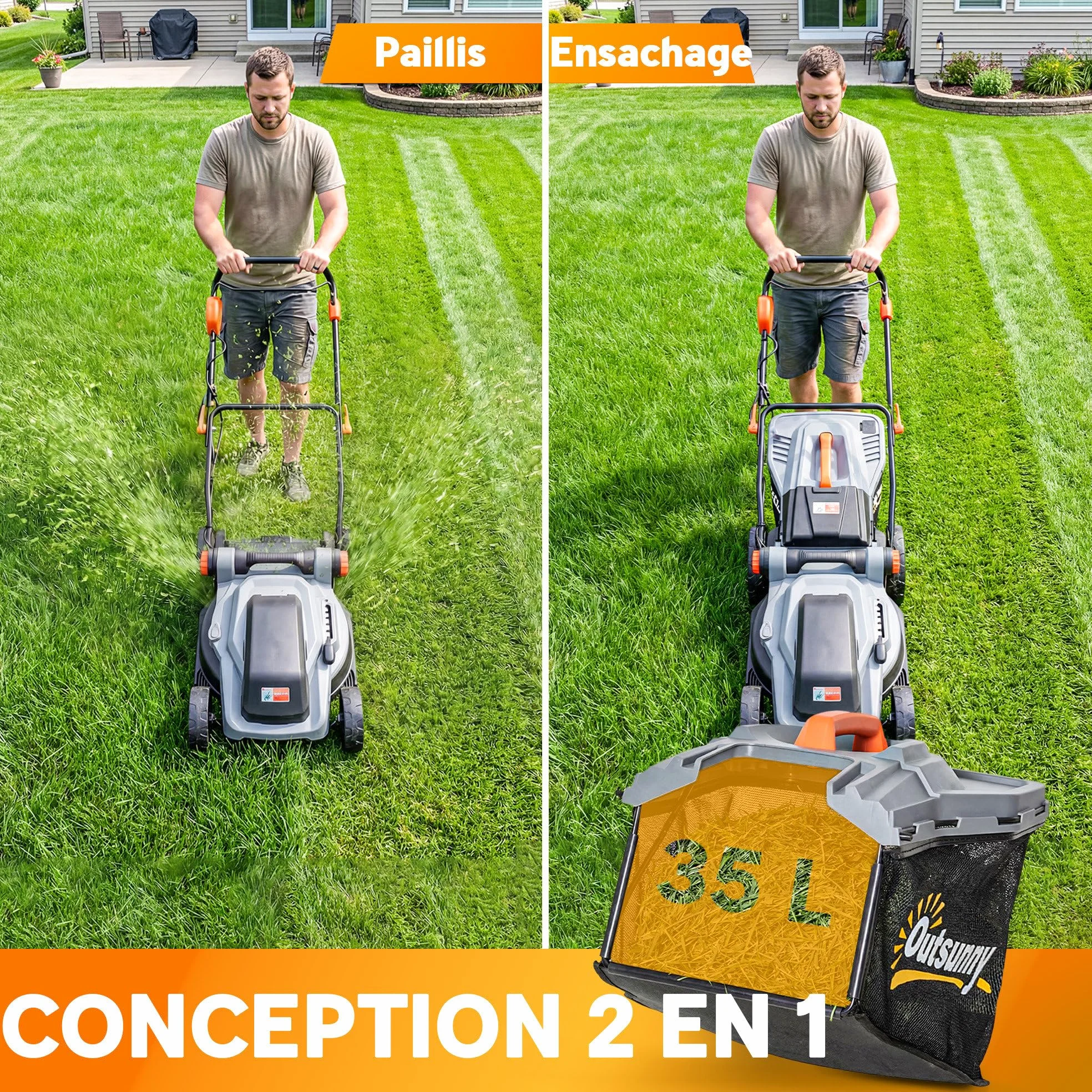 Outsunny Tondeuse à Gazon sans Fil 18V x2 - Moteur Brushless 700W, 2x4.0Ah Batteries pour 400m², Largeur 34cm, 6 Hauteurs 25-75mm, Mulching Silencieux, Gris Clair