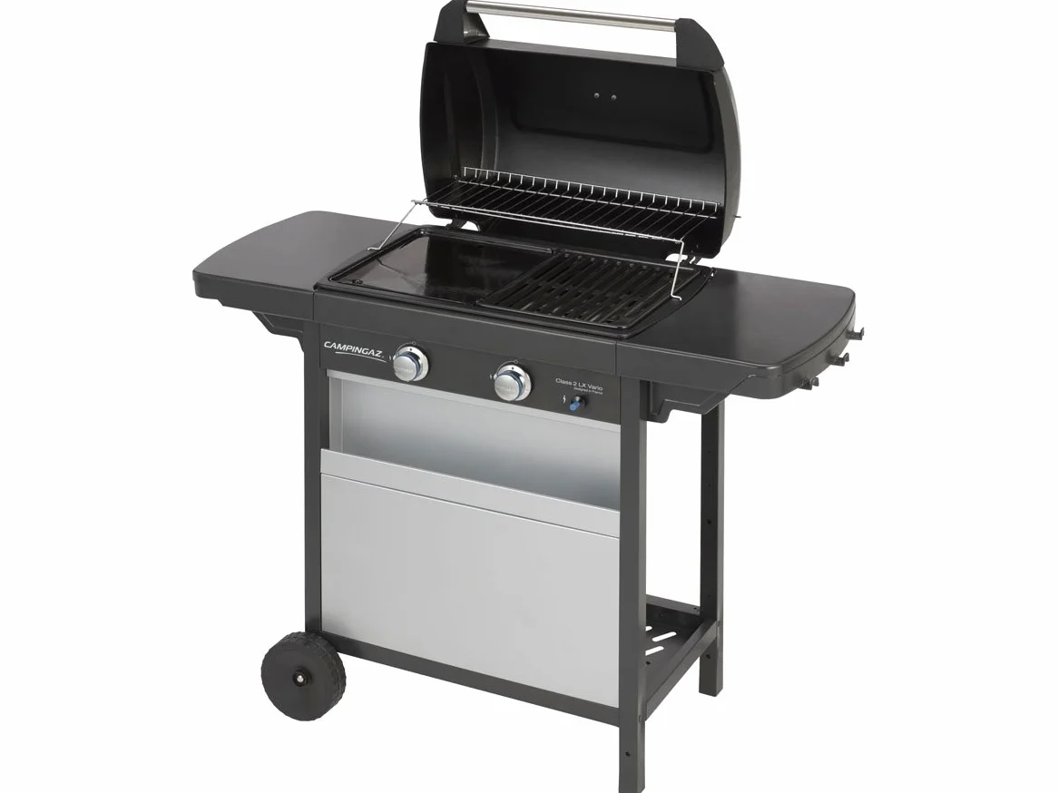 Campingaz Barbecue à Gaz Class 2 LX Vario, 2 Brûleurs, Puissance 7.5kW, Grille et Plancha en Acier Double Emaillage, 2 Tablettes Latérales, Gris/Noir