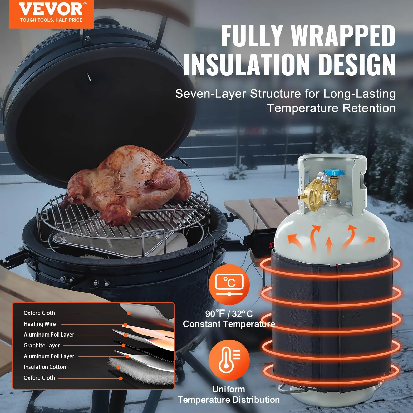 VEVOR Couverture chauffante pour bouteilles de propane 120 W, housse isolant réservoirs gaz 18 kg, thermostat interne, température max 32,22°C, tissu Oxford imperméable