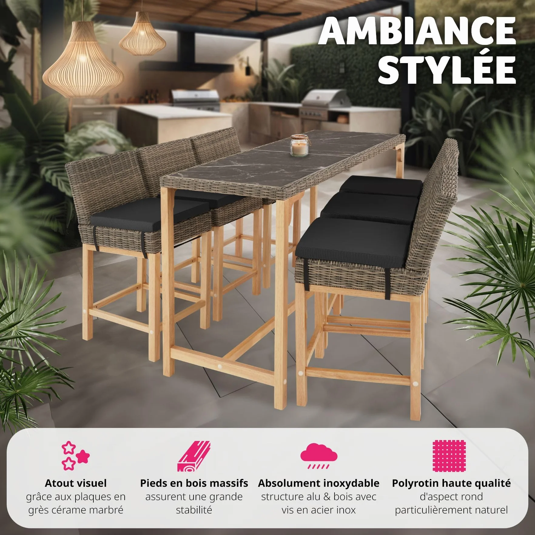 tectake® Table de Bar Haute Extérieur en Résine Tressée & Grès cérame Fin marbré Résistante aux intempéries pour Salon de Jardin, Structure en Aluminium & Bois Massif, Mobilier de Jardin