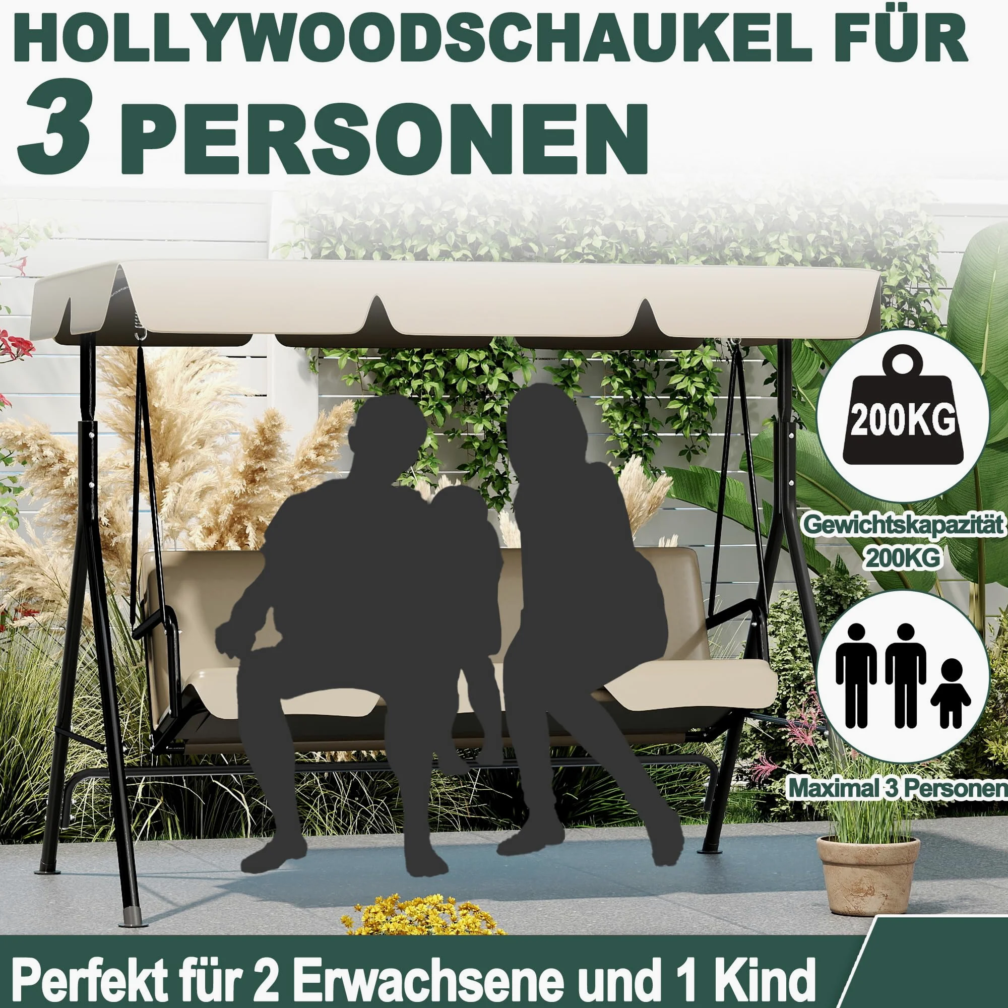 LZQ Balançoire Hollywood 3 places résistante aux intempéries - Avec toit réglable - 176 x 110 x 152 cm - Charge maximale : 200 kg - Pour extérieur, intérieur et extérieur, marron foncé
