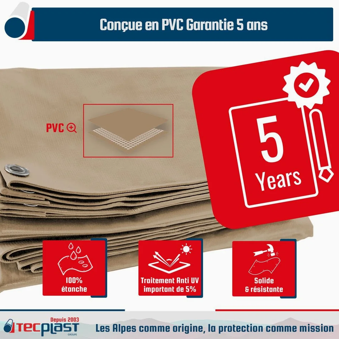 TECPLAST Pack Toile Pergola Beige foncé 3x4 m + Sandow Ivoire 20m - Bâche Pergola prête à Poser LP506PR Garantie 5 Ans