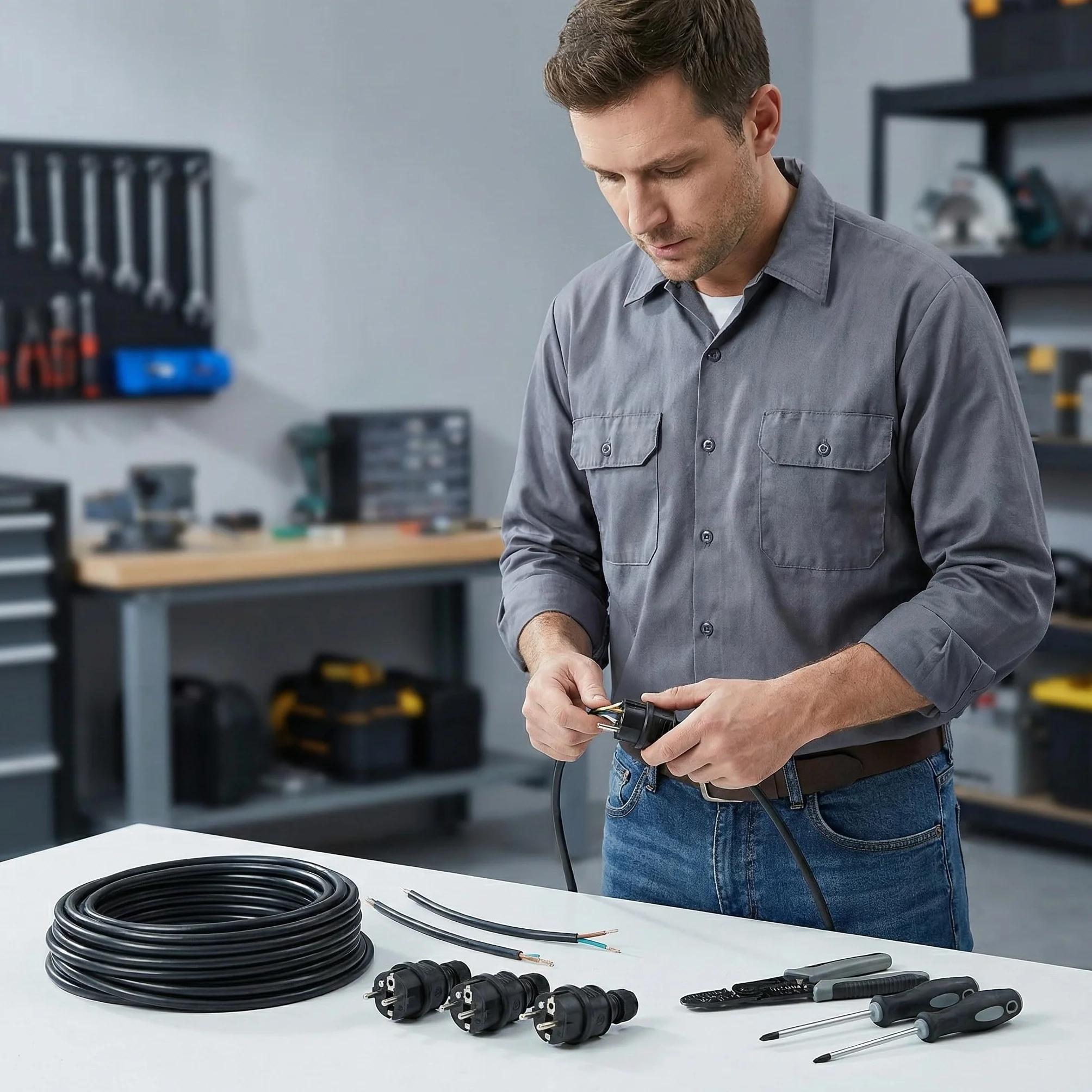 Ensemble de Prises Mâles 220V IP54 Fiche Electrique Robustes Caoutchouc Plastique Extérieur Chantiers Professionnel