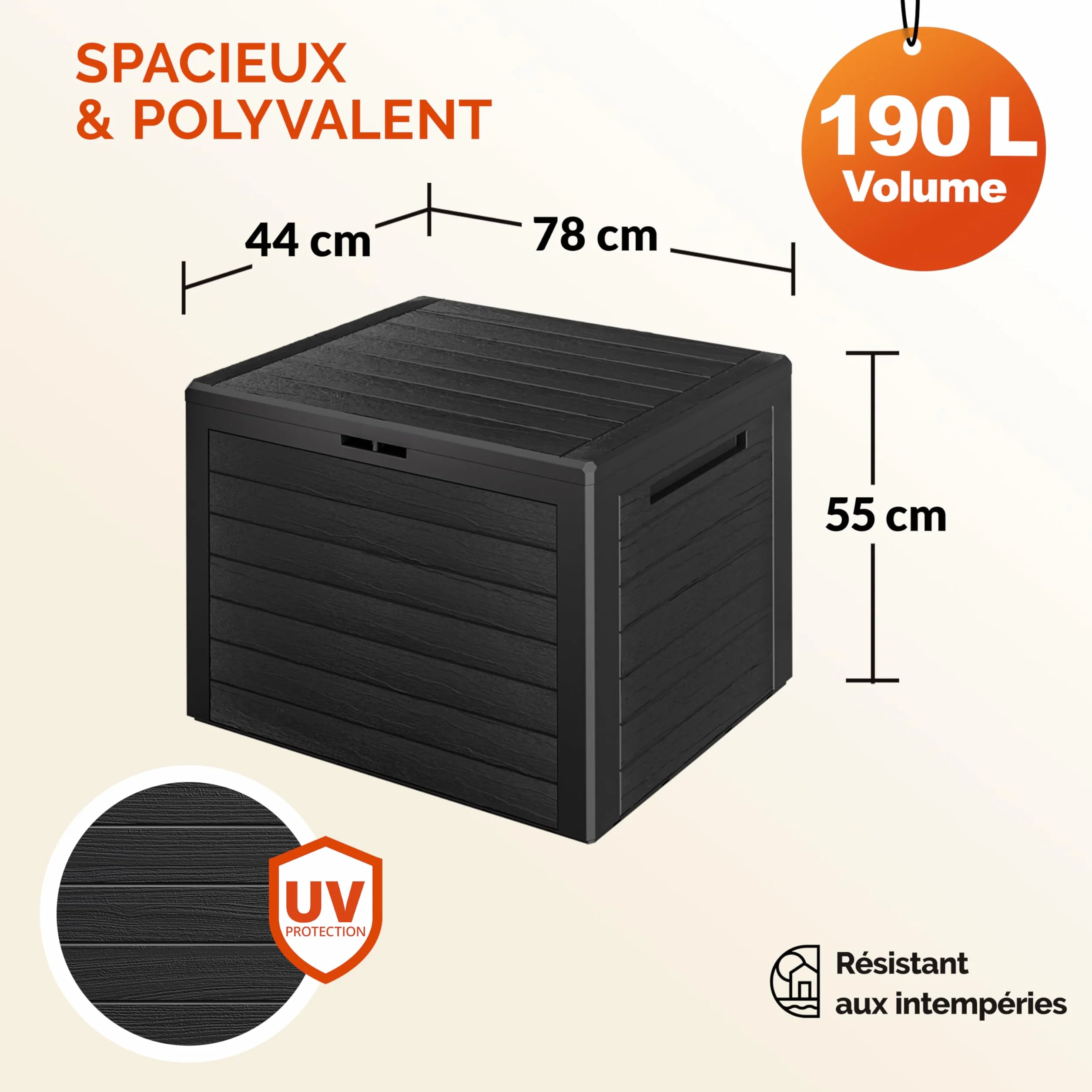 Casaria Coffre de Jardin Exterieur 190 L Anthracite Caisse de rangement étanche Effet Bois