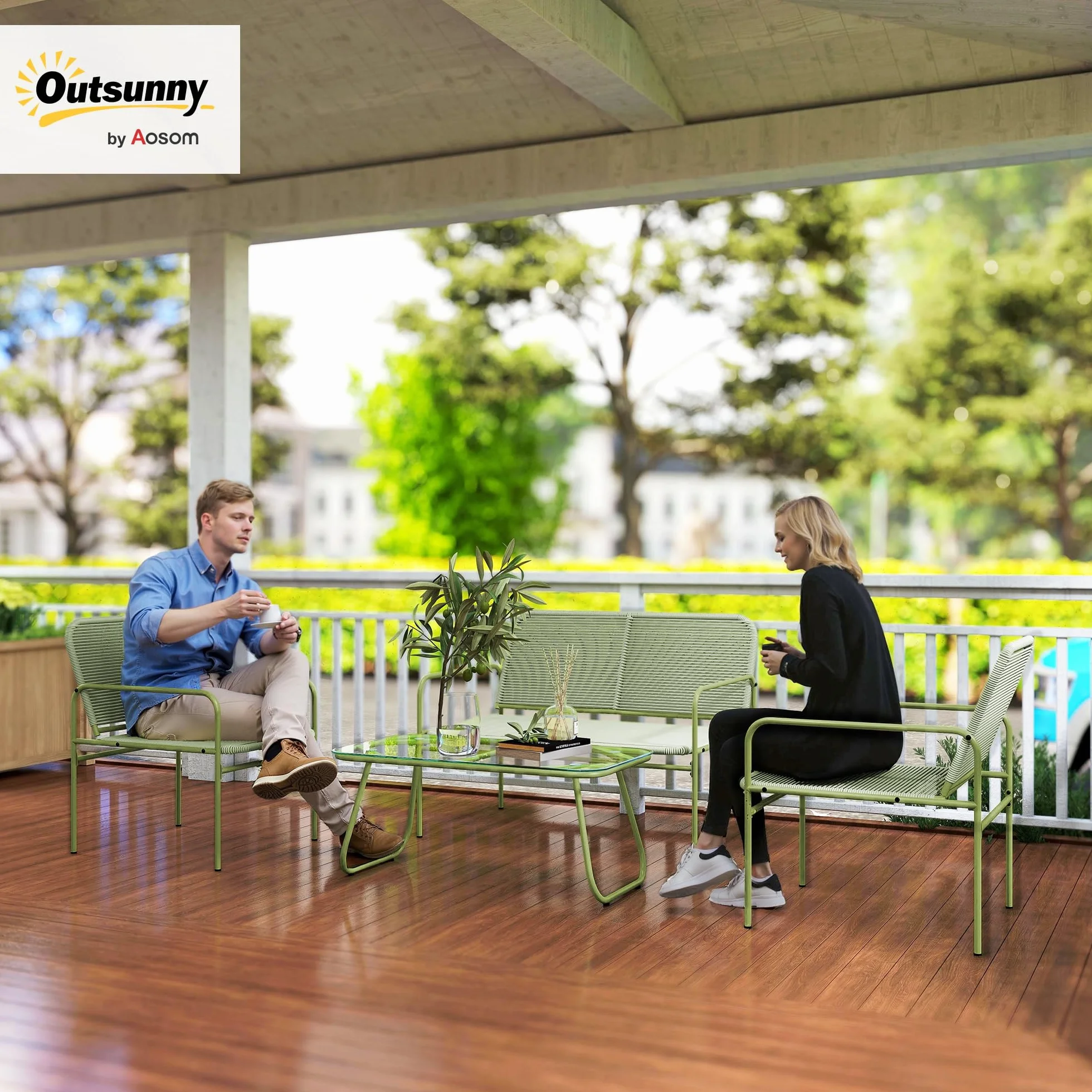Outsunny Salon de Jardin extérieur résine tressée 4 Places canapé 2 fauteuils Table Verre trempé Acier Vert