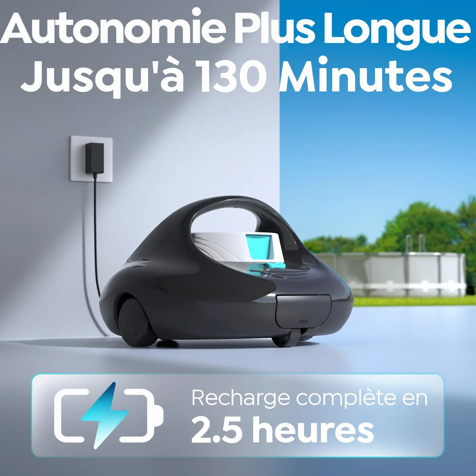 Pleco Se Aspirateur Piscine Hors Sol, 130 Min de Nettoyage Puissant, Charge Rapide en 2,5h, Moteurs à Double Entraînement, Idéal pour Robot Piscine Plat Jusqu'à 85 m²