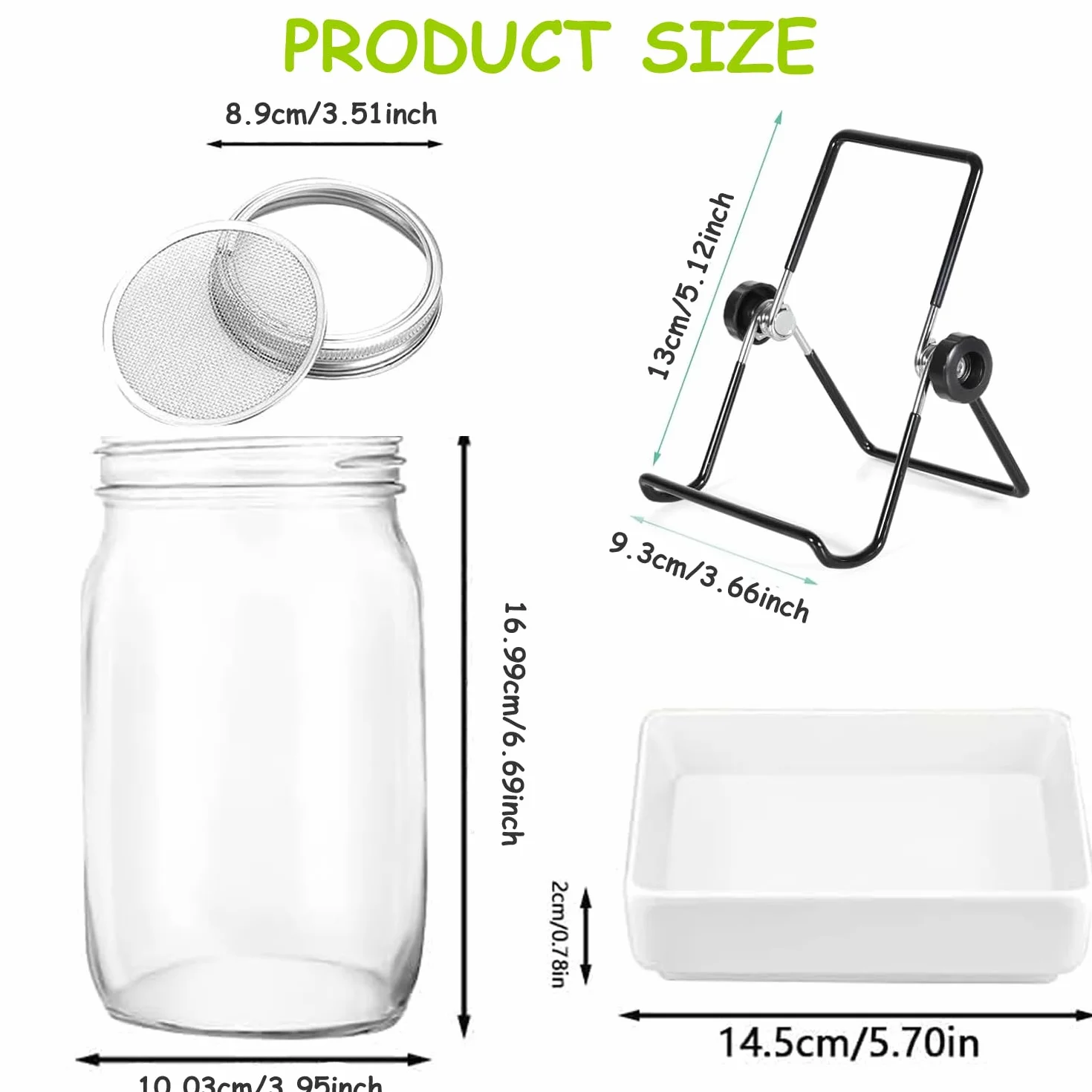 Lot de bocaux à germer 1000 ml pour germination en verre à germination avec 1 bol à eau, 1 couvercle en acier inoxydable 304 et 1 support, pour alfalfa, brocoli, haricots mungo