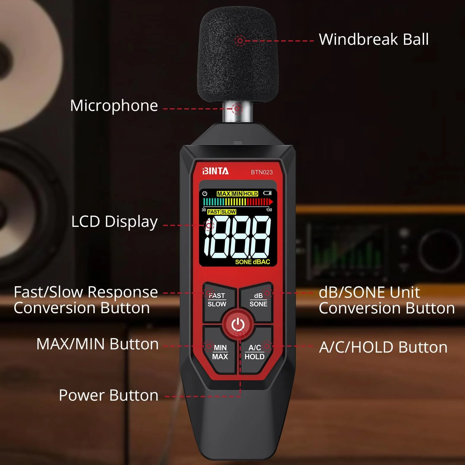 BINTA Sonomètre Décibelmètre Portable 30-130 dB Pondération A/C Écran LCD Fonction MAX/MIN
