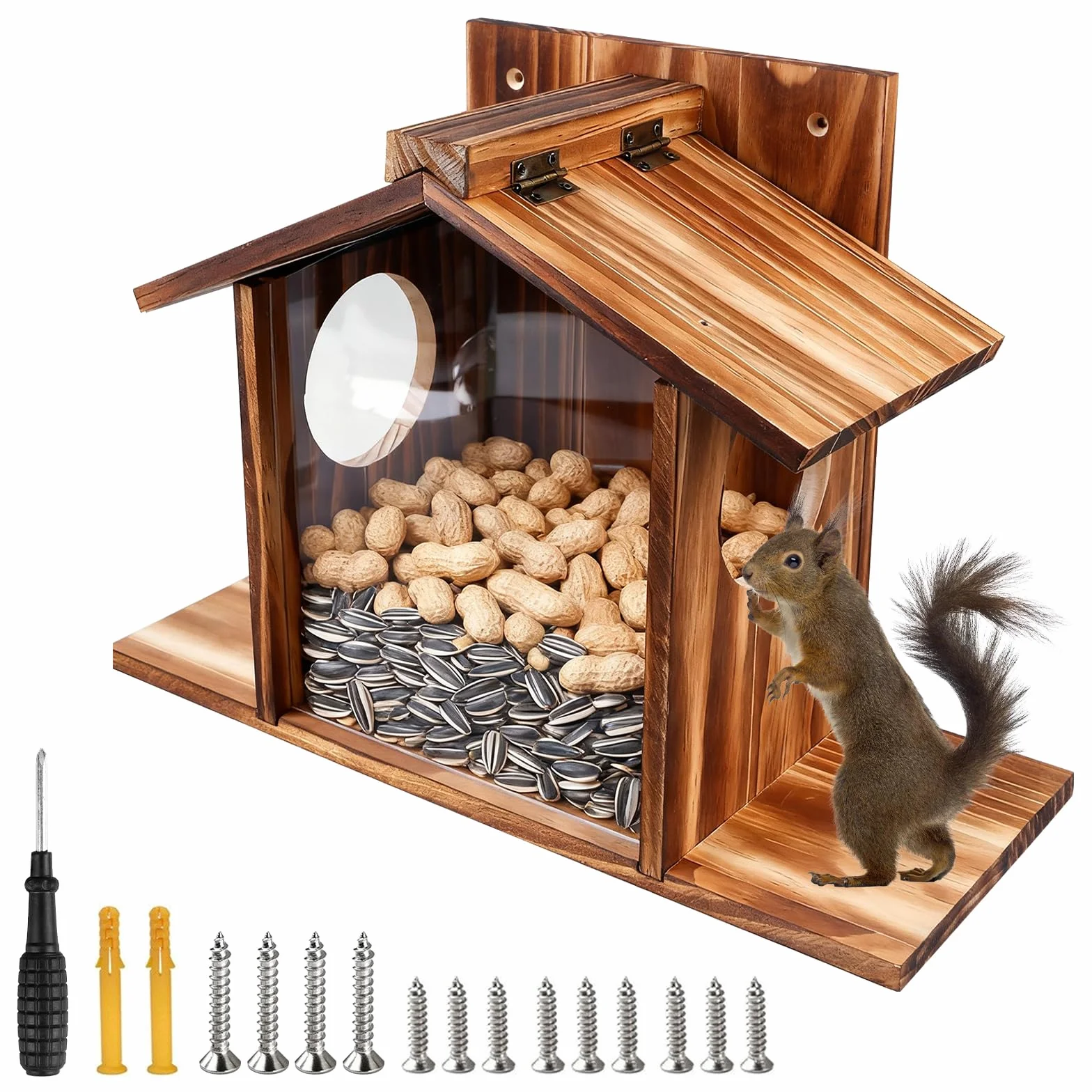 PORFOYO Mangeoire Écureuil Exterieur en Bois, Mangeoire en Bois pour Écureuil, Distrubuteur De Nourriture Écureuils, MaisonÉcureuil, Station d'alimentation pour Nourrir Les Écureuils