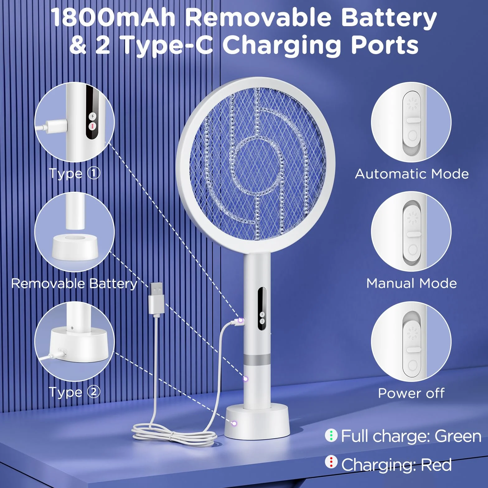 2 in1 Raquette Electrique Insectes, 4000V Puissant Raquette Moustique Electrique, 1800mAh USB Rechargeable Tapette à Mouche avec 3 Couches Protection en Maille pour Intérieur Extérieur