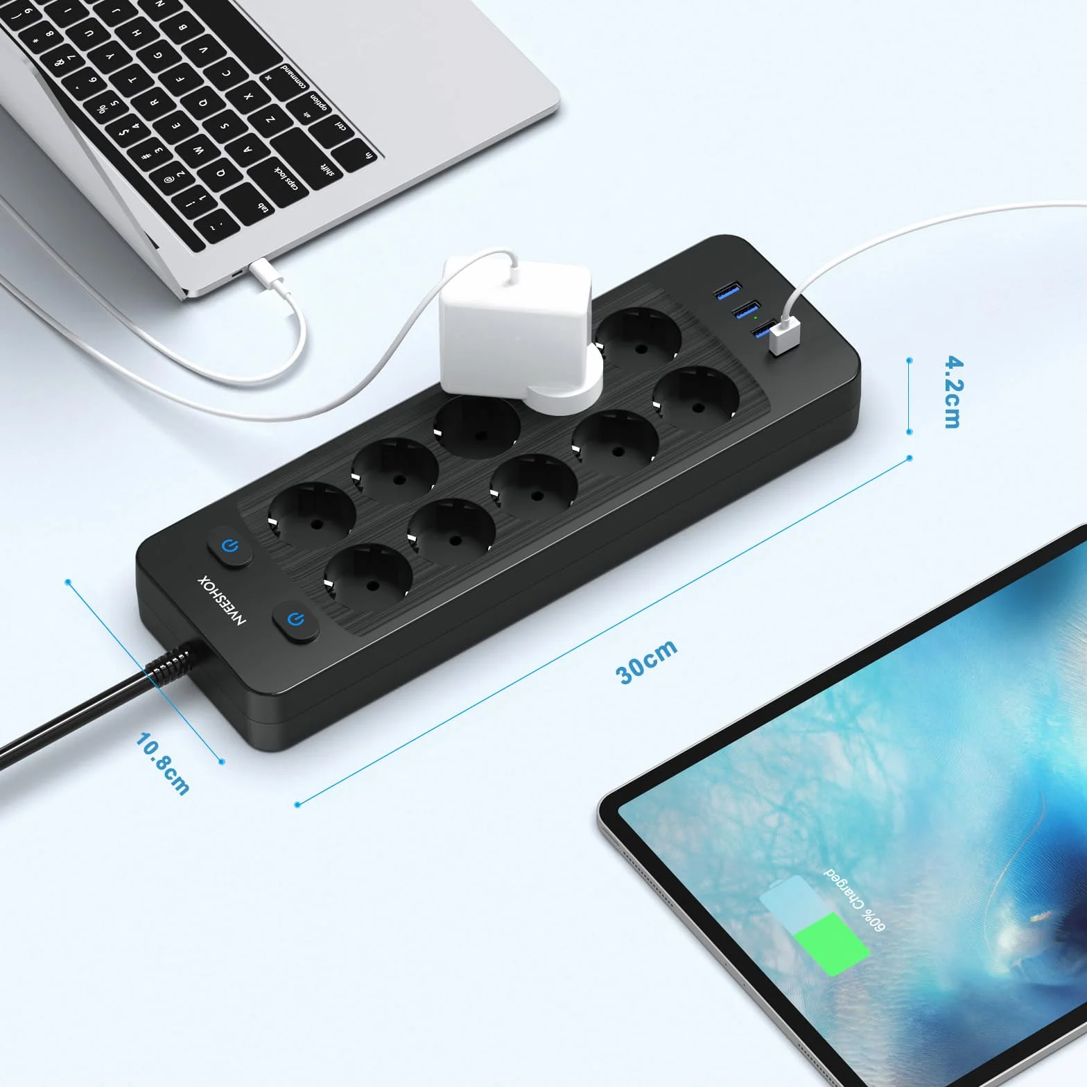 Multiprise Electrique 10 Prises 4 Ports USB Parafoudre 16A/3680W Câble 2M Noir