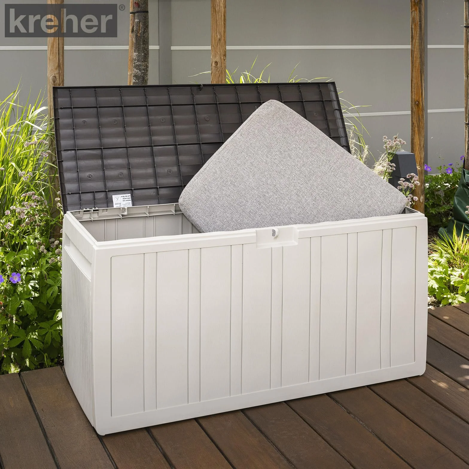Kreher XXL Coffre à coussins Boîte de rangement Leonardo 270 L crème-blanc robuste lavable