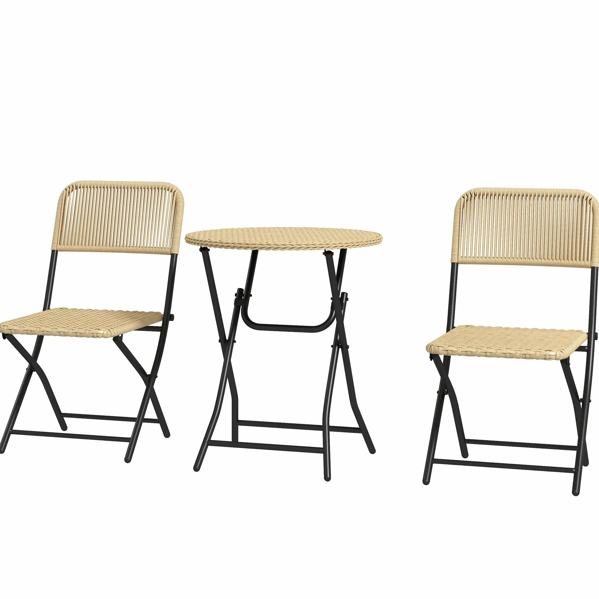 Outsunny Ensemble Salon de Jardin 2 Places Table Ronde avec 2 chaises Pliables en résine tressée et métal, Beige et Noir