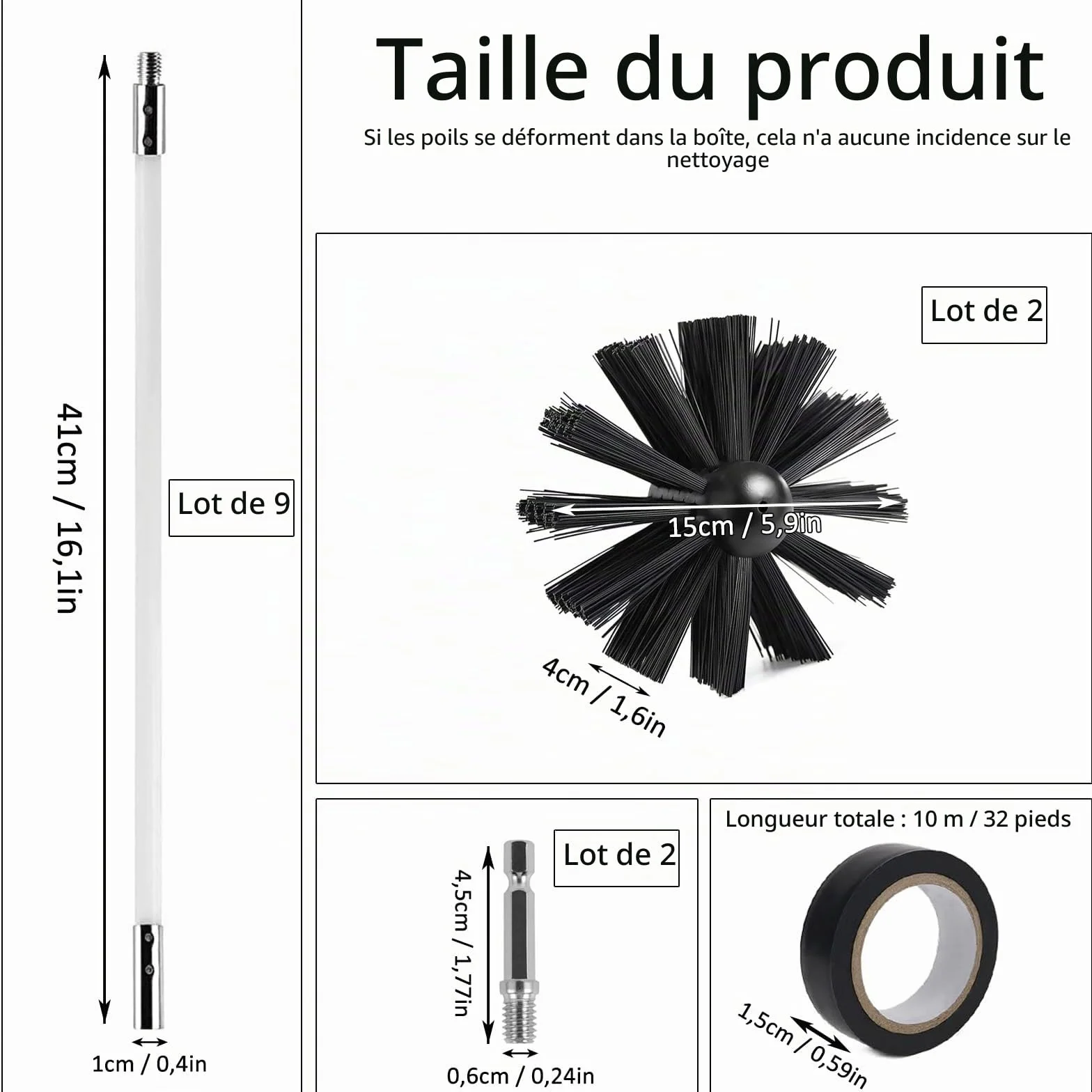 Kit Brosse Nettoyage Cheminée 150 mm Ramonage Nylon avec 9 Tiges Flexibles
