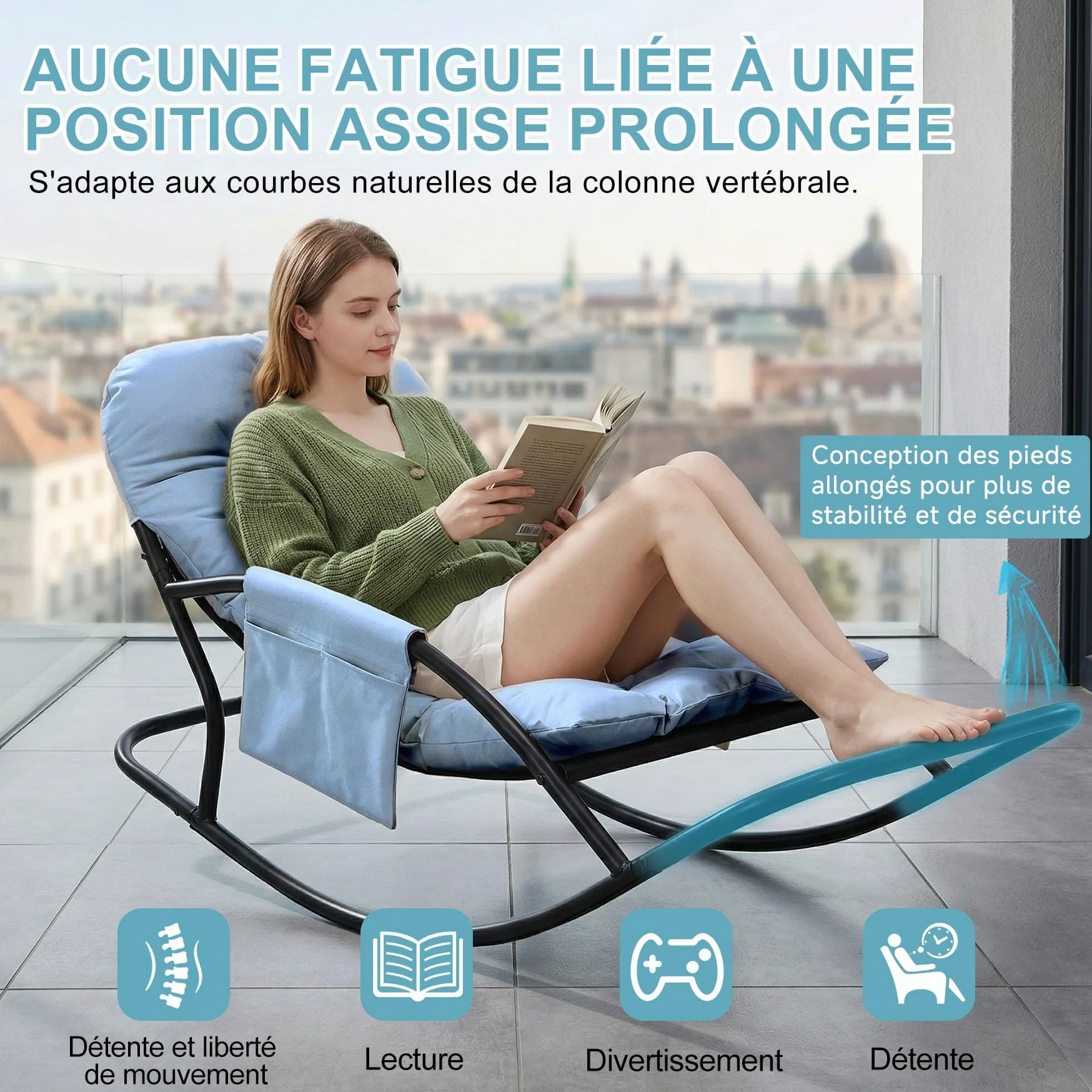 Fauteuil à Bascule Extérieur, Rocking Chair Papasan avec Coussin et Cadre, Cadre en métal Soutien des Pas, pour Chambre, Salon, Terrasse, Jardin,capacité de Charge 120 kg,Tissu Technique