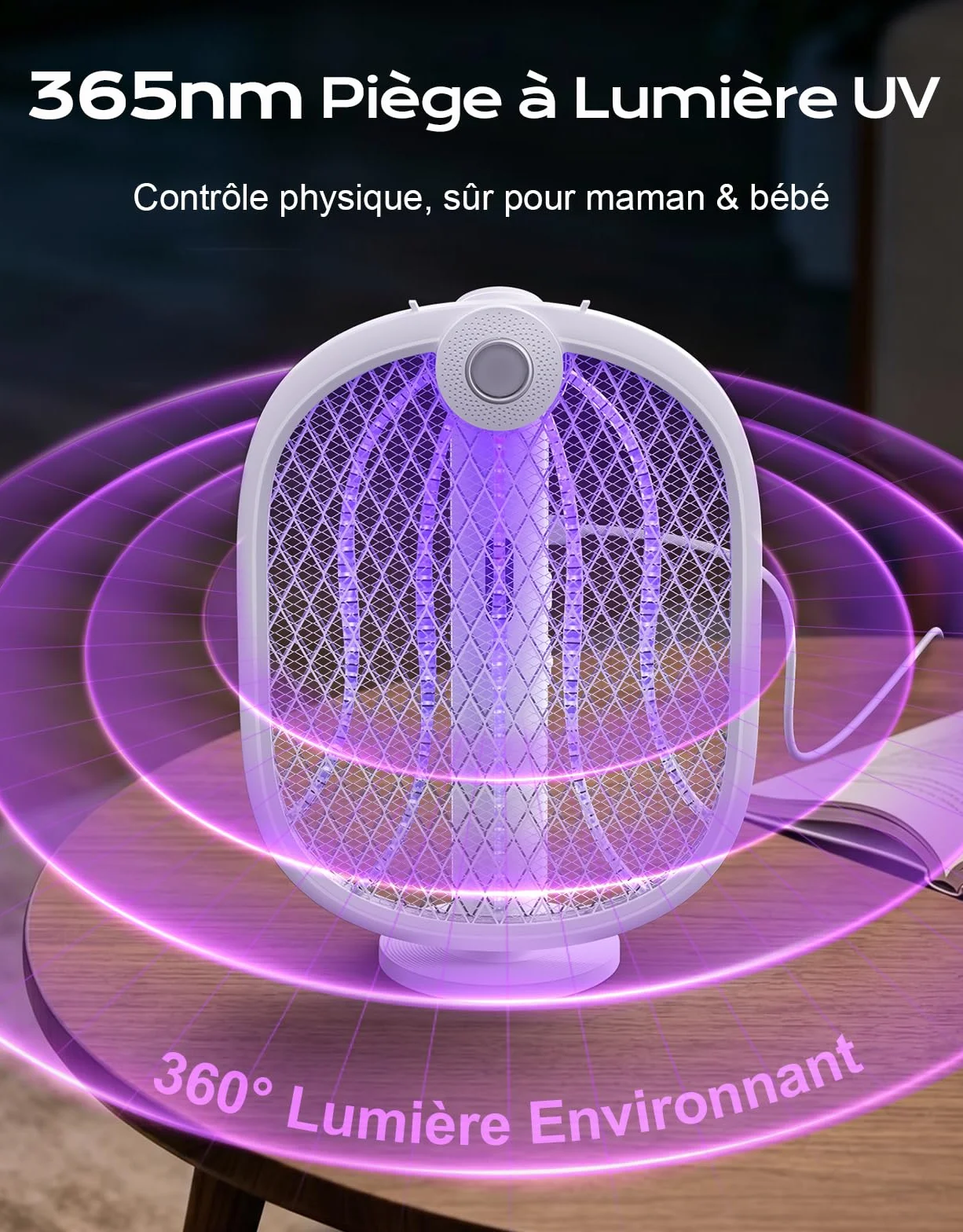Raquette Electrique Insectes 4000V, Anti Moustique Pliable 180° avec Piège UV, Rechargeable 1800mAh