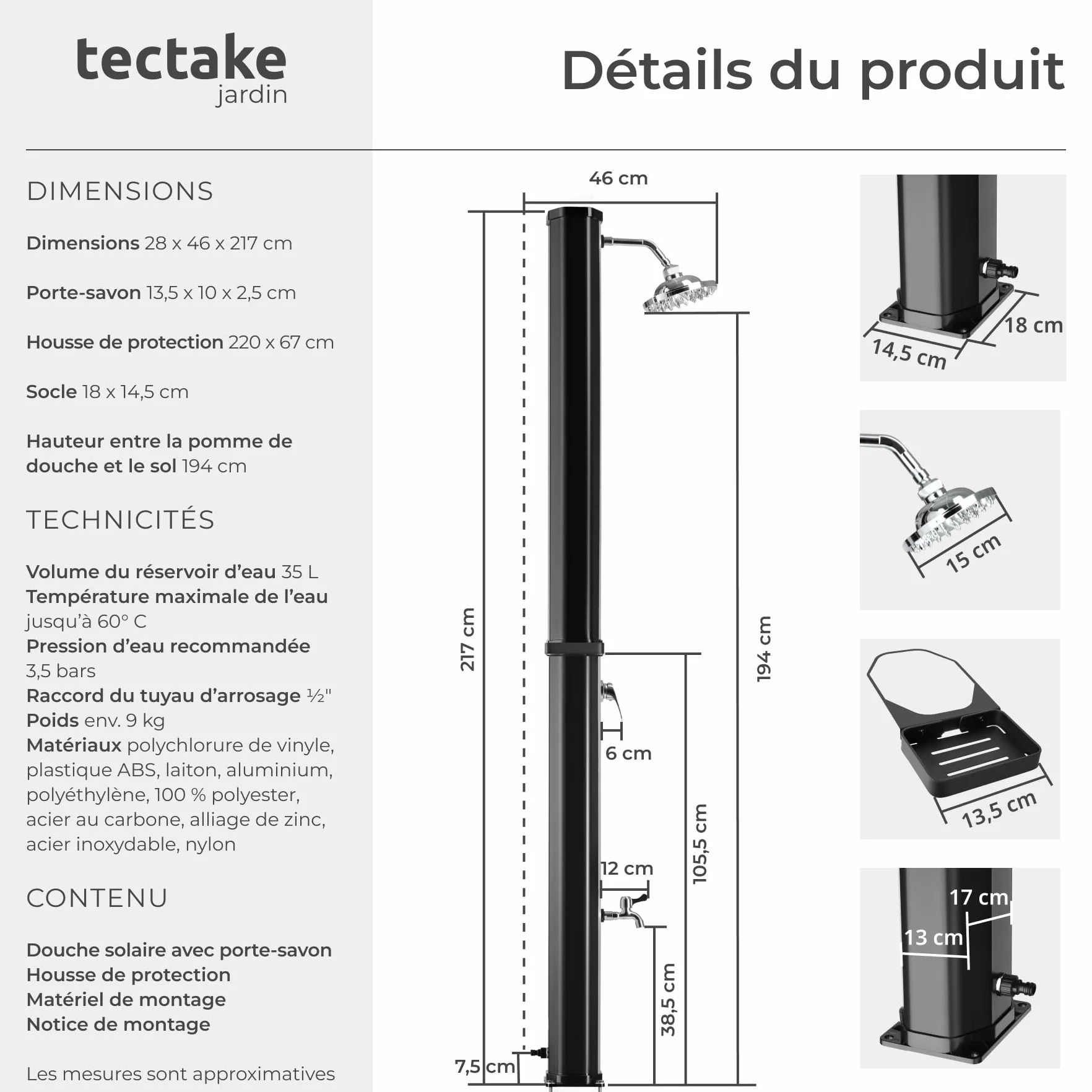 tectake Douche Solaire 35L multifonctionnelle Eau Chaude Pommeau de Douche Effet de Pluie Porte-Savon Housse de Protection Jardin Piscine Camping