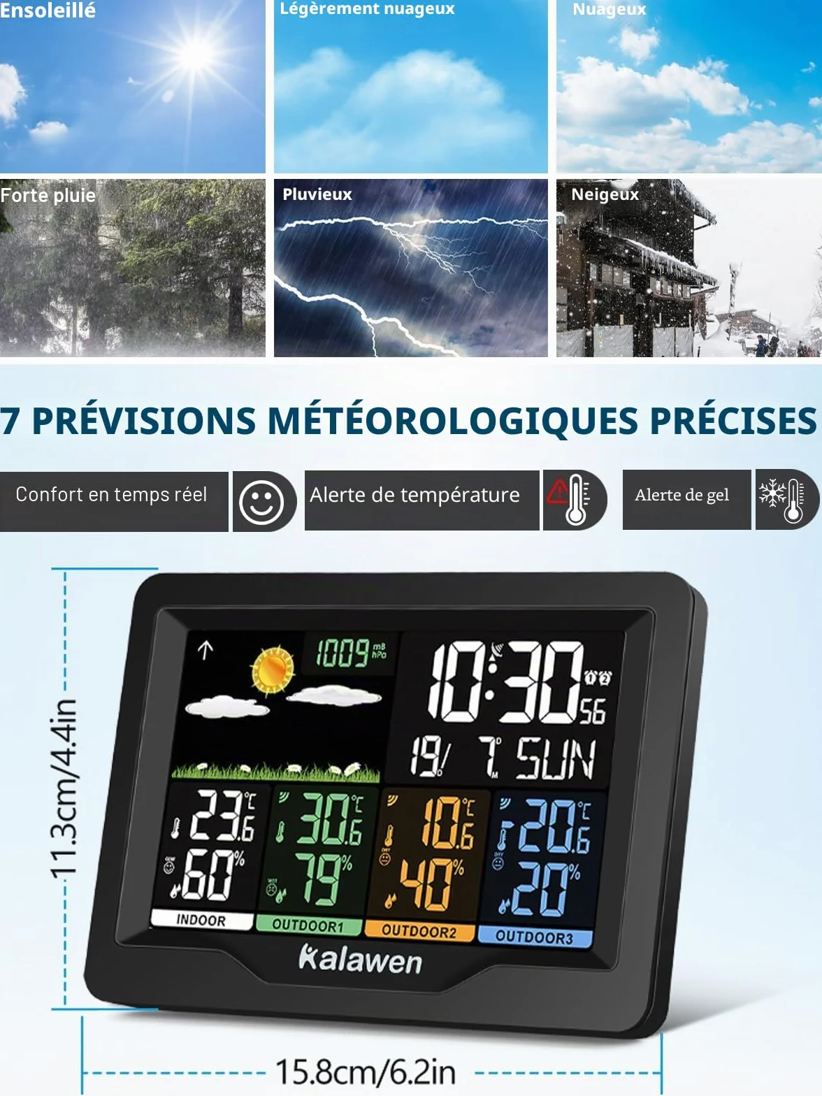 Station météo sans fil avec 3 capteurs extérieurs, réveil DCF, baromètre, thermomètre hygromètre
