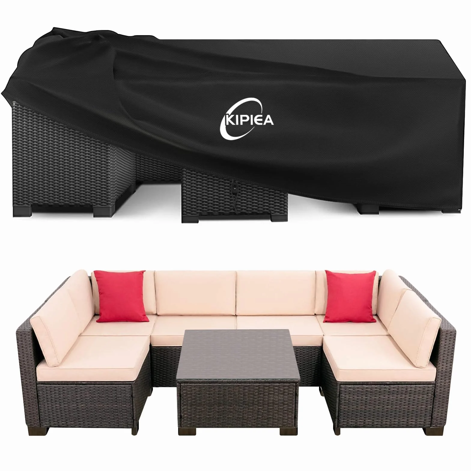 Kipiea Housses Salon de Jardin Exterieur Imperméable, Carré Housses Table de Jardin Coupe-Vent, 420D Tissu Oxford Bache De Protection Salon de Patio Exterieur, Anti-UV- 250x250x71cm