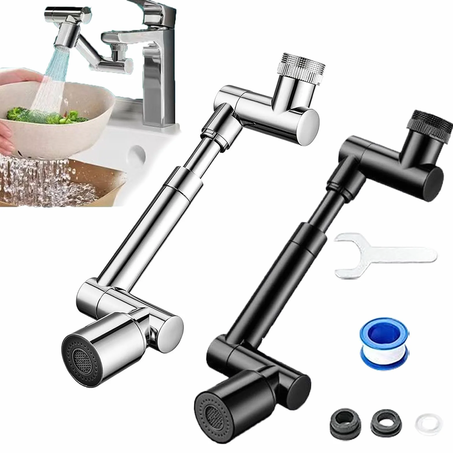 Extension de robinet rotative universel à bras robotique, double mode, noir pour cuisine et salle de bain