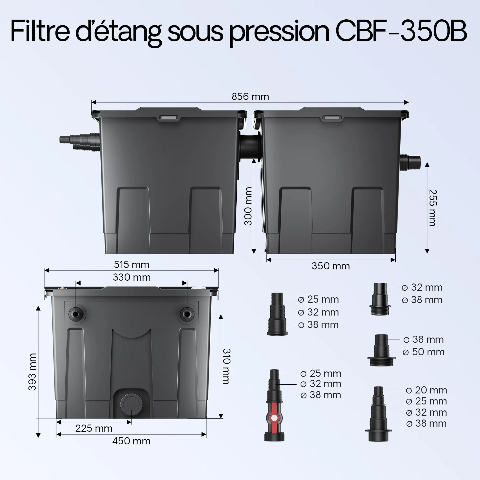 Wiltec Kit complet Filtre de bassin CBF-350B 60000 L Biologique NEO10000 SuperECO pompe 10000l/h 80W CUV-236 lampe UV UVC 36W 25m Tuyau 25 mm