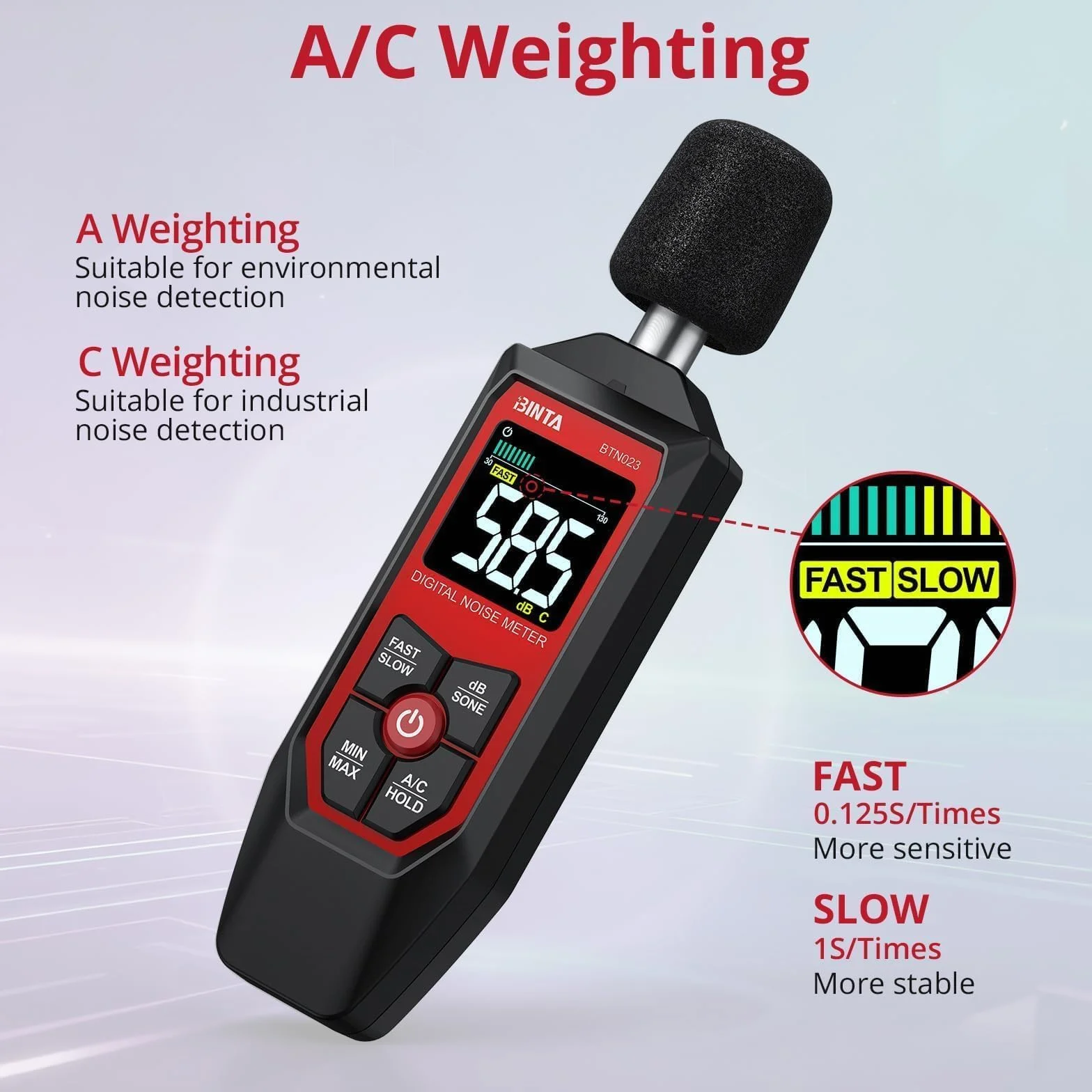 BINTA Sonomètre Décibelmètre Portable 30-130 dB Pondération A/C Écran LCD Fonction MAX/MIN