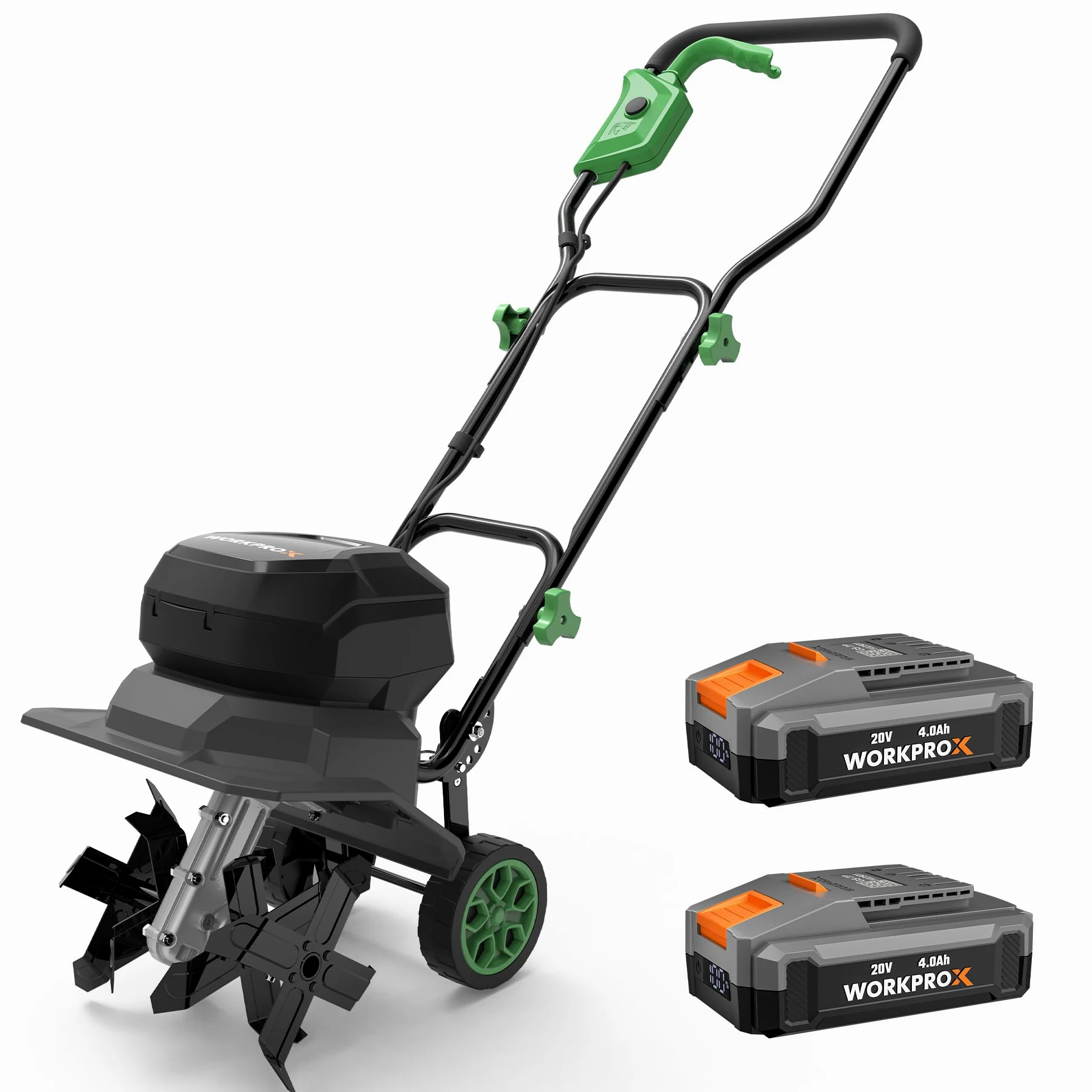 WORKPROX Motobineuse Électrique sans Fil 40V, Largeur 30 cm, Profondeur 20 cm, Batteries 2×4000 mAh, Guidon Pliable, Roues 4 Positions, Compacte et Silencieuse pour Jardin, Potager et Verger