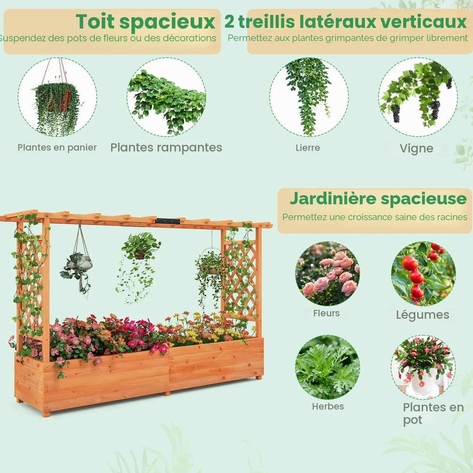 HOMASIS Jardiniere Exterieur Grande avec 2 Treillis et Etagère de Toit, Bac à Fleurs Surélevé en Bois pour Plantes Grimpantes, Jardiniere avec Treillis pour Jardin Balcon, 200x44x114cm, Orange