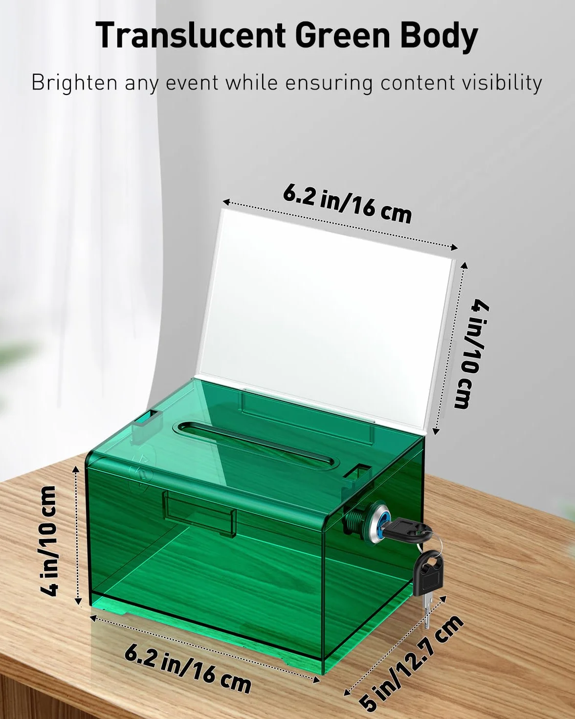 Uniclife Boîte à dons en acrylique avec serrure et porte-pancarte Vert transparent