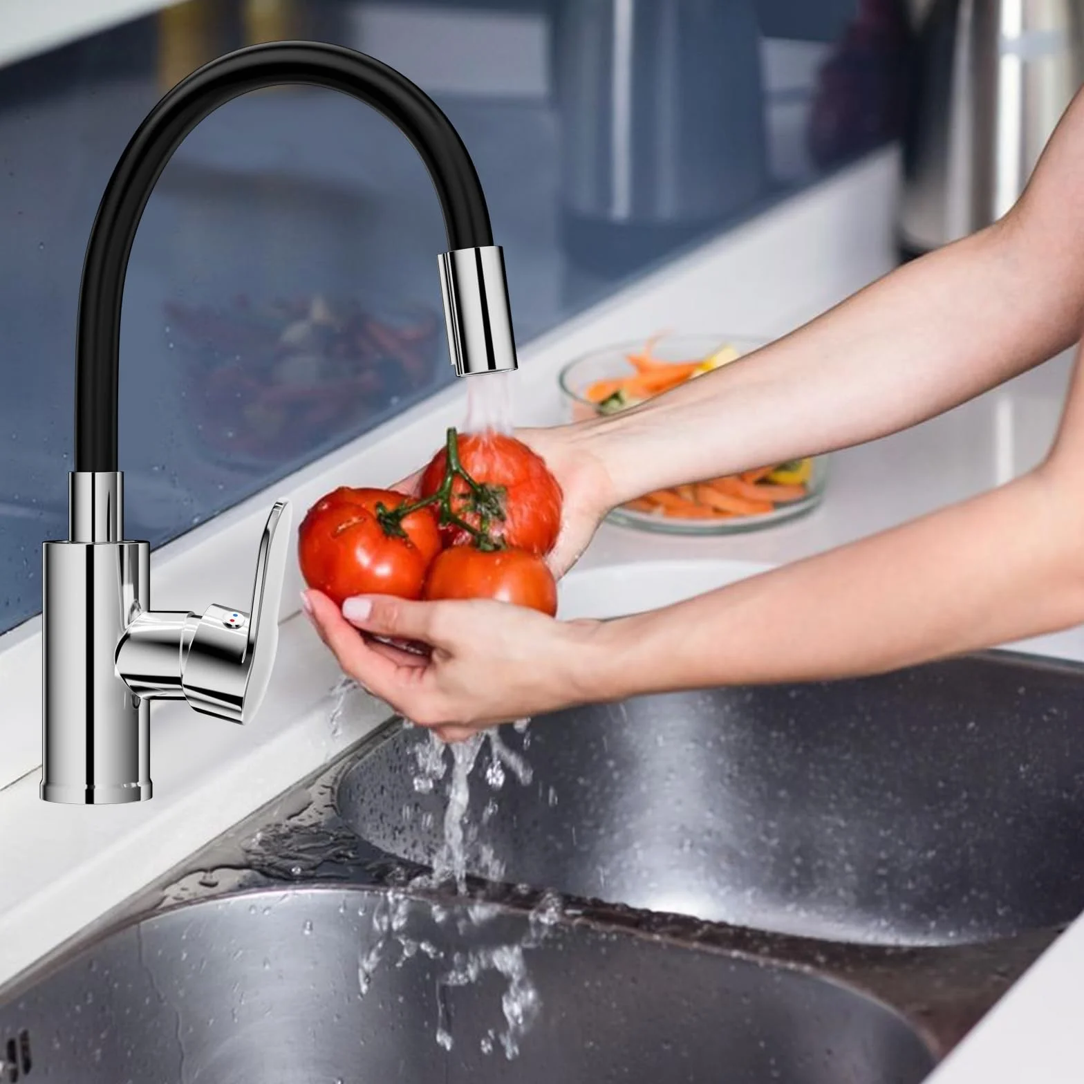 Mitigeur Évier Bec Flexible Robinet Cuisine Noir 360° Rotative Aérateur Économiseur Eau