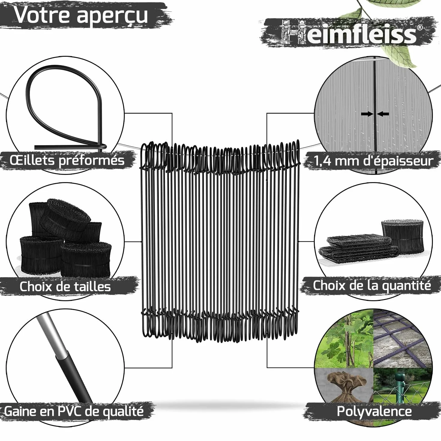 Heimfleiss® Lot de 1000 fils de liaison gainés en noir 1,4 x 100-300 mm – Fil à œillets pour perceuse