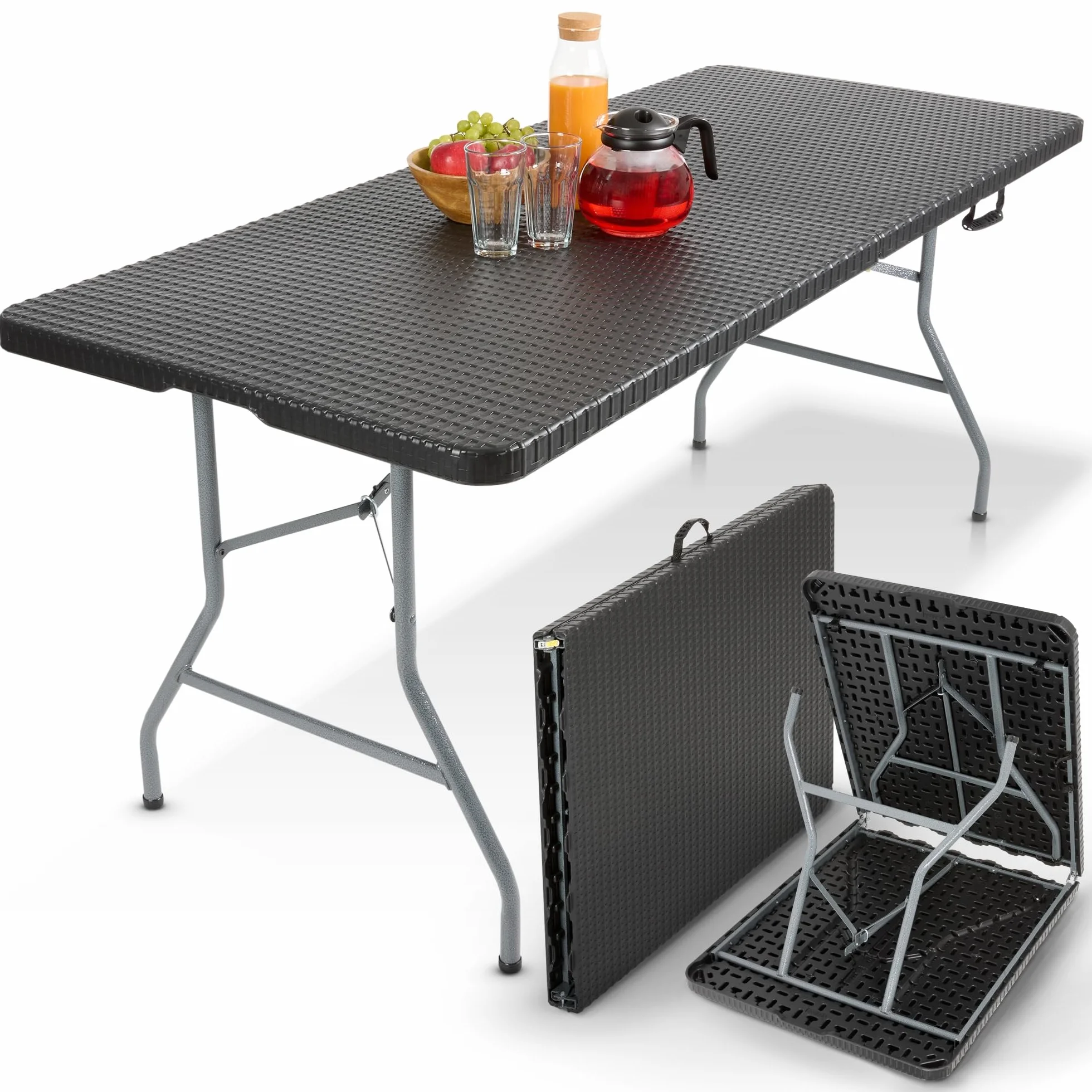 AREBOS Table de Buffet Pliable 182 x 74 x 74 cm Aspect rotin Résistant aux intempéries 8 Personnes