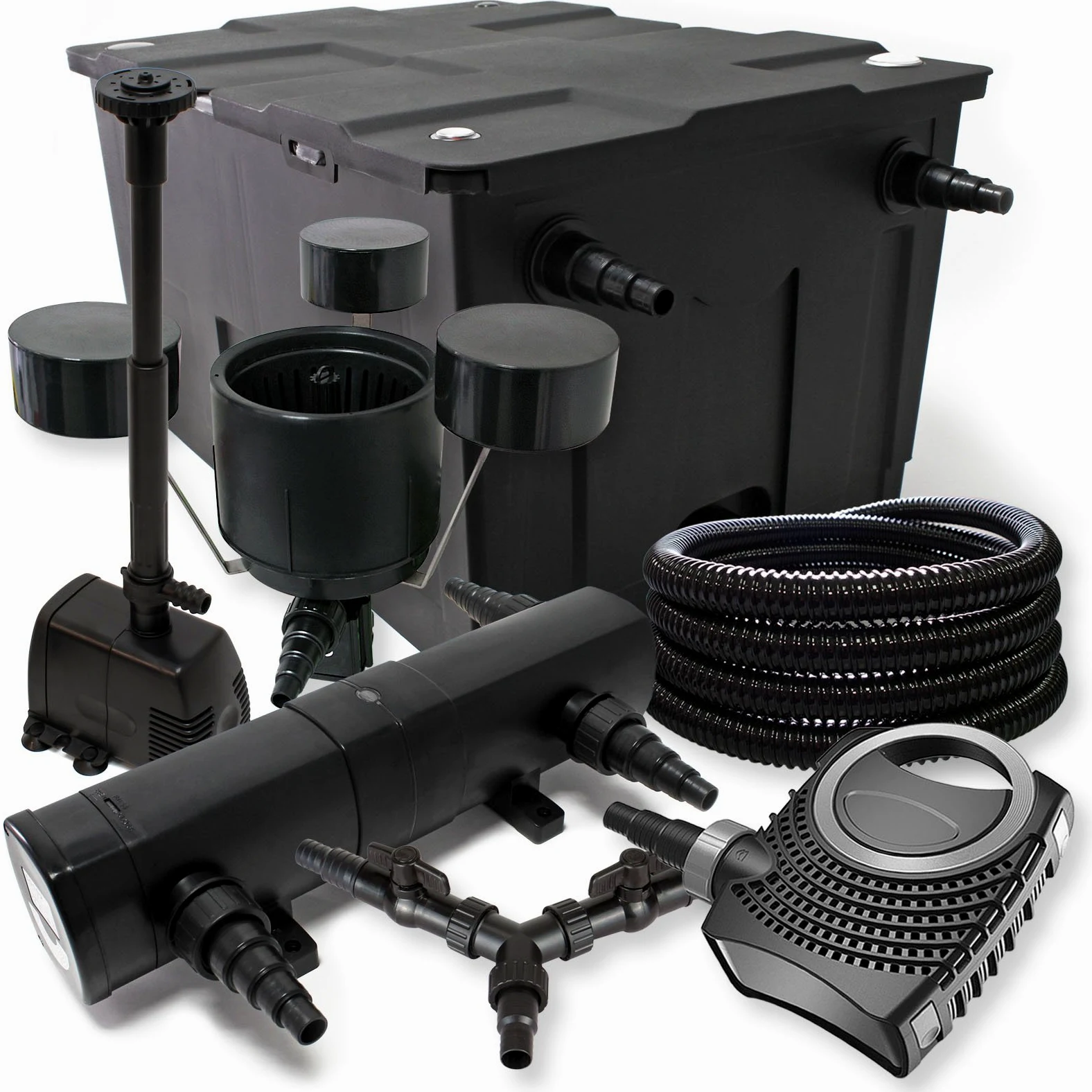 SunSun Kit complet: CBF-550 Filtre de bassin jusqu'à 60000L, NEO10000 pompe 10000l/h 80W, CUV-236 lampe uv 36W, 25m Tuyau 25mm, CSP-250 Écumeur 2500l/h, HJ-943 fontaine 800l/h, Y-distributeur
