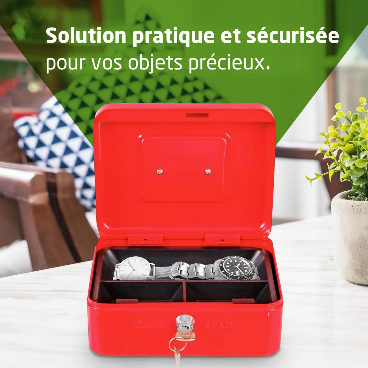 Amig Coffre-fort Acier Rouge 150 x 110 x 70 mm avec Plateau à monnaie et 2 clés