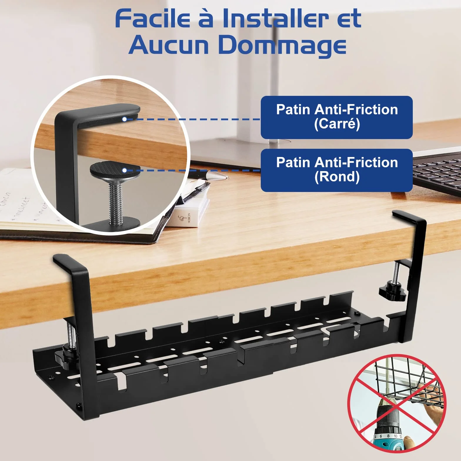 WADEO Plateau Gestion Câbles Bureau Rétractable 28.5-52cm - Organiseur Câbles Ajustable sans Perçage, Kit 148 Pièces, Panier Maille Métallique
