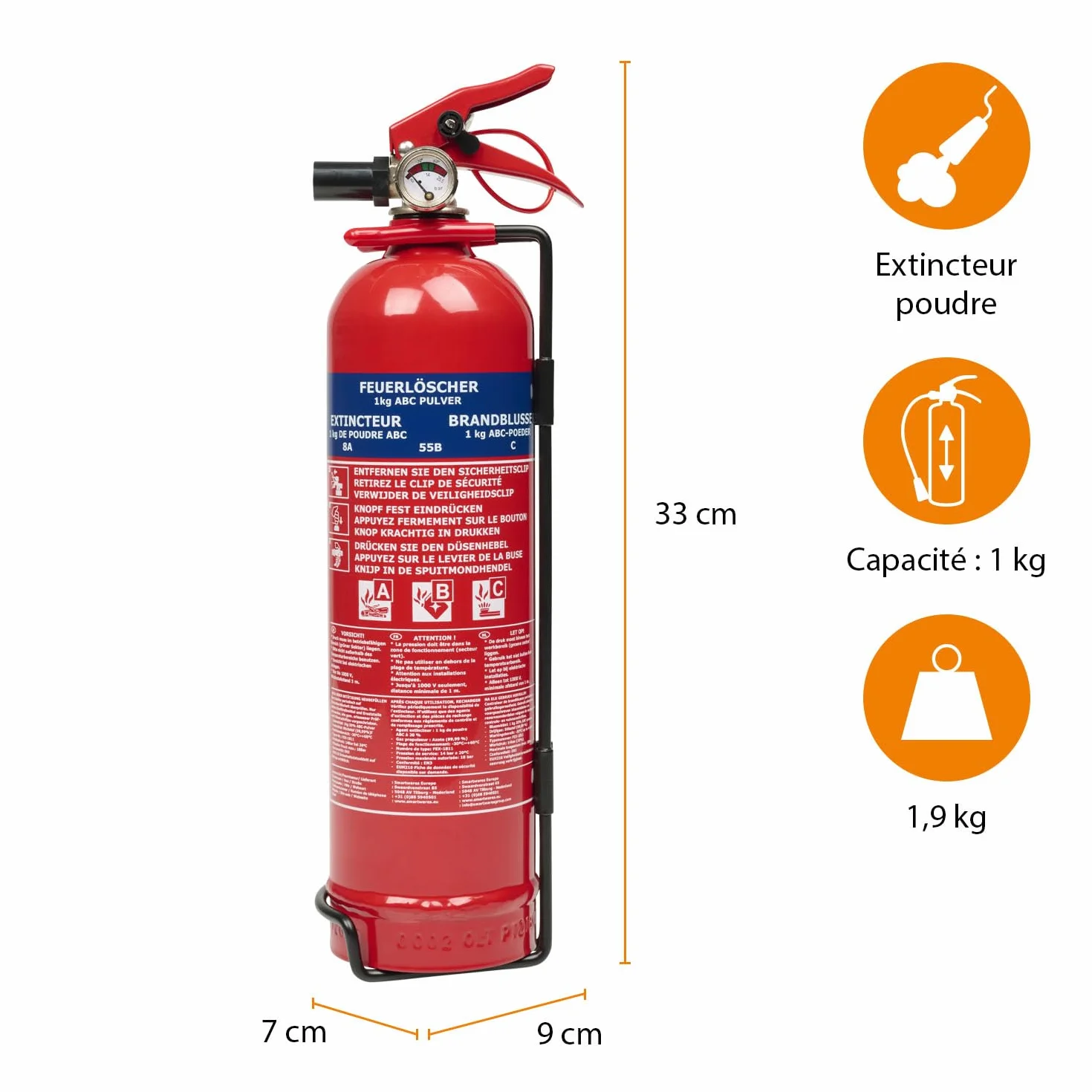 Smartwares Extincteur Poudre 1 kg Feux ABC Support Inclus FEX-18116