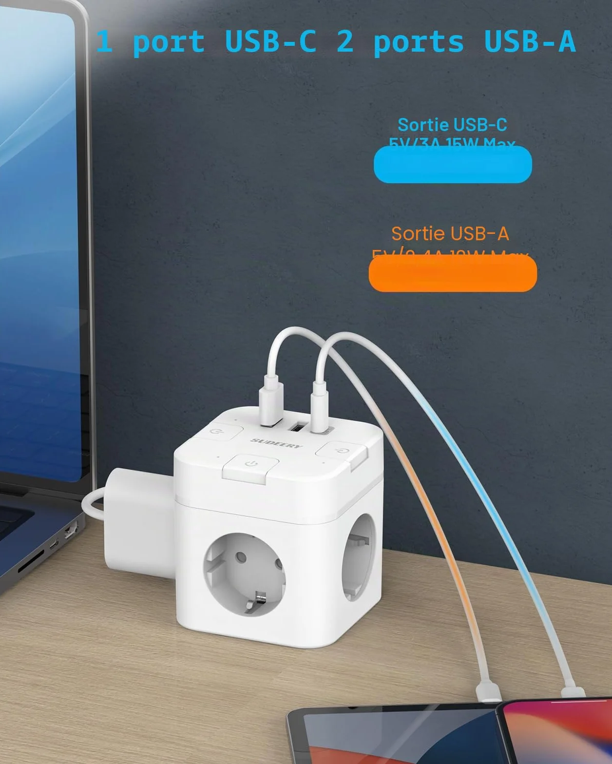 SUDEERY Cube de prise 6 en 1 avec USB C, 3 prises, prise plate, câble 2 m, multiprise USB type C, blanc
