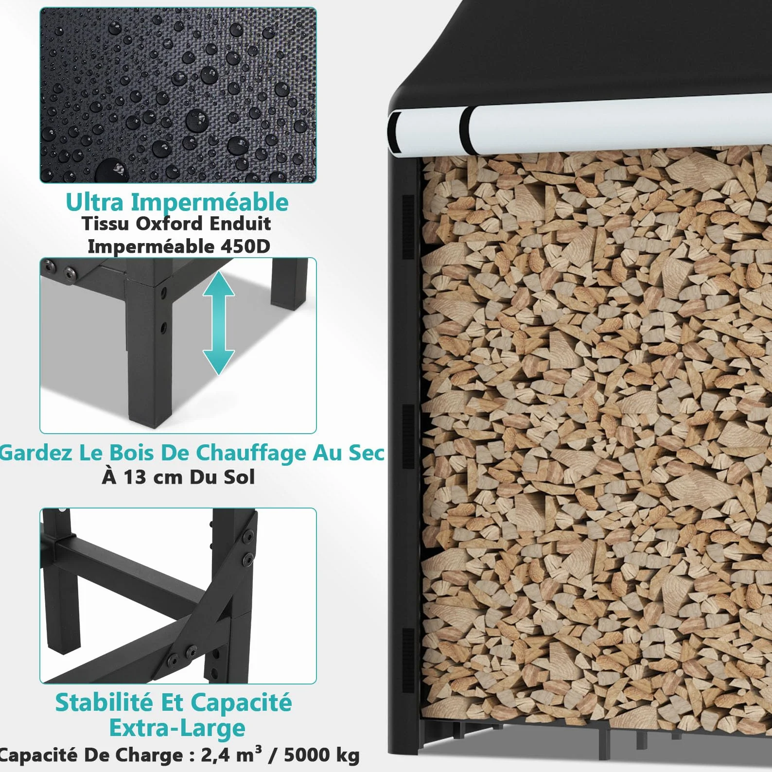 Himimi® Range-bûches d'Extérieur avec Housse de Protection Intégrée, 185 x 70 x 185 cm, Capacité 2,4 m³