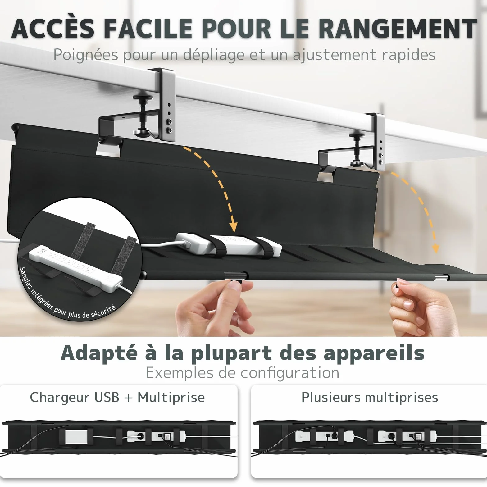 Cable Management Bureau Sans Perçage 90cm, Under Desk Cable Tray avec Fixation par Pinces/Vis, Range-Câbles Tissu Imperméable Noir
