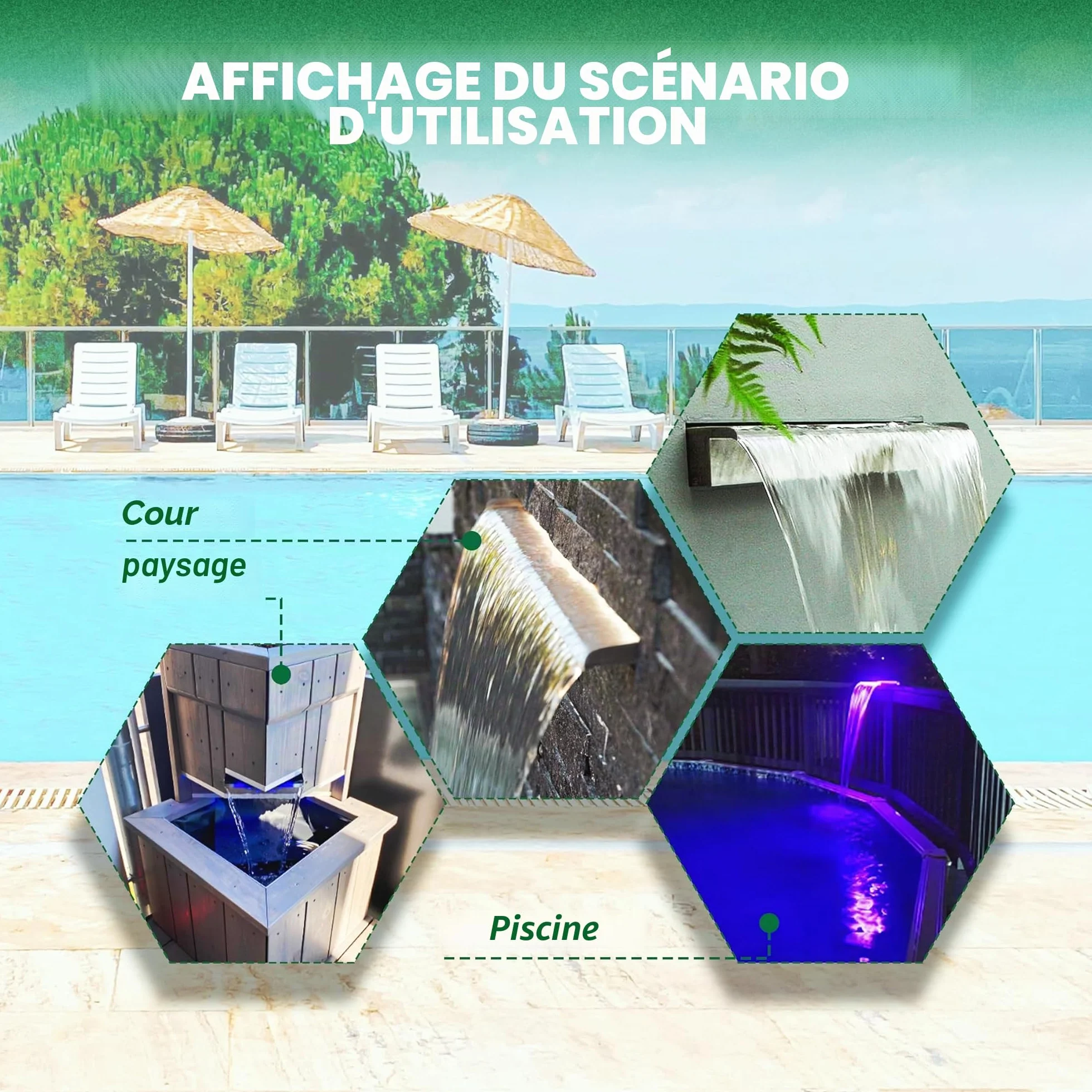 LONGRUN Cascade de Bassin 60 cm, Acier Inoxydable 304, Fontaine Piscine extérieure LED 7 Couleurs Télécommande