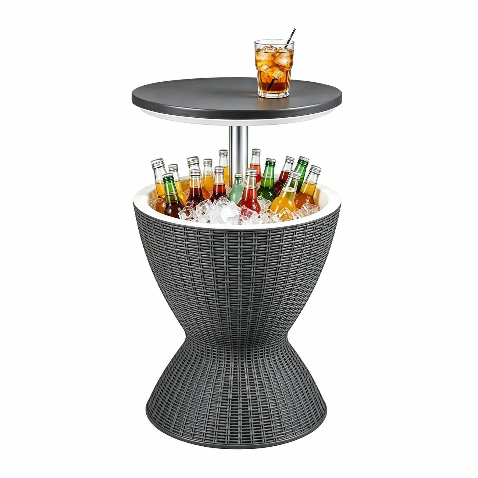LIFEZEAL Table à Glacière 30 L, Table de Cocktail en Rotin, Table Basse de Jardin avec Bac Réfrigérant, Réglable 2 Hauteurs, 48,5 x 48,5 x 57,5/82 cm