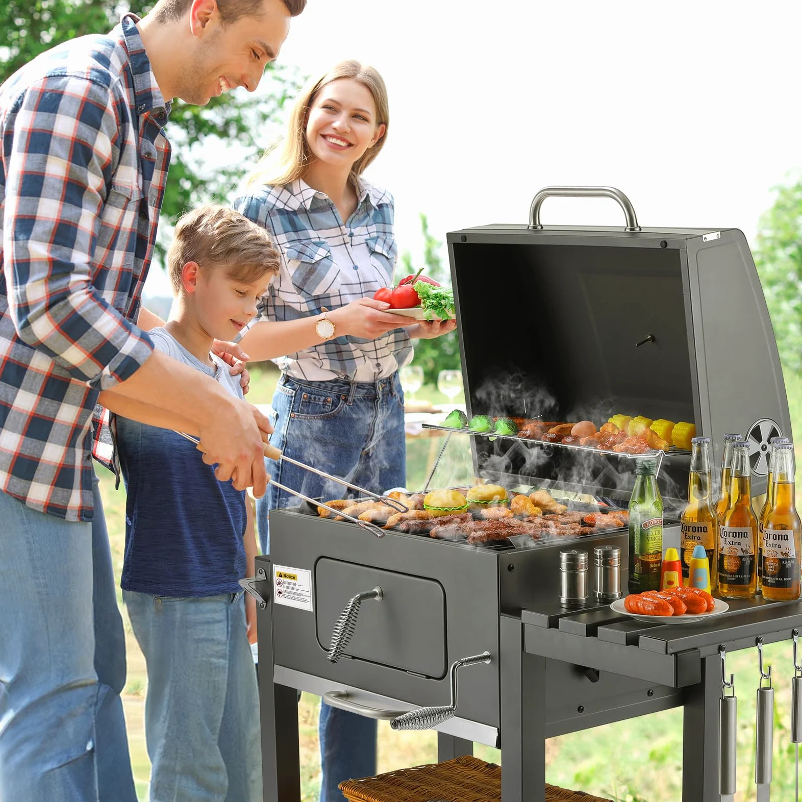 Barbecue Charbon de Bois XL, Chariot à Barbecue, Grill XL à Charbon avec Couvercle, 2PCS Roues, Thermomètre, Réglable en Hauteur, Grand Barbecue au Charbon de Bois, pour Camping et Jardin, Gris