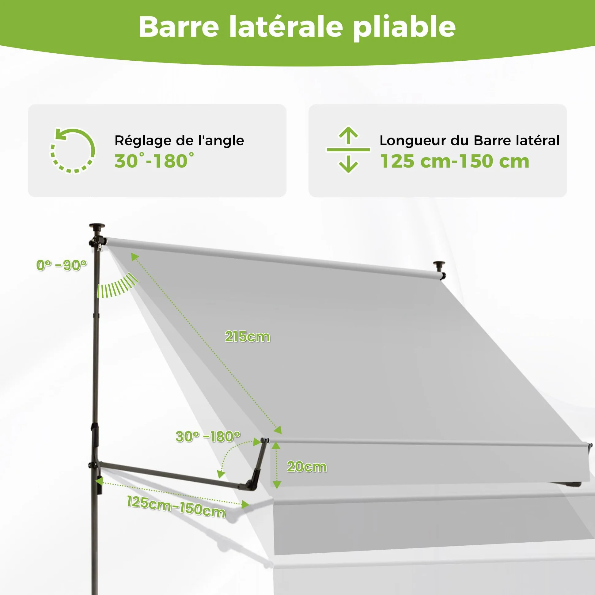 BelleMax Store Balcon sans percage,Store Banne Pliant 2-in-1,Protection UV et imperméable, réglable en Hauteur, Gris 300 cm x (125 + 25 cm)