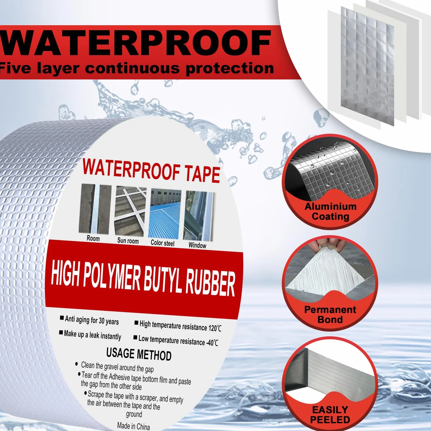 Bande Etancheite Toiture Butyle 100mm x 5m Autocollante Fissure Surface Rouleau Bitume Réparer Toit Imperméable