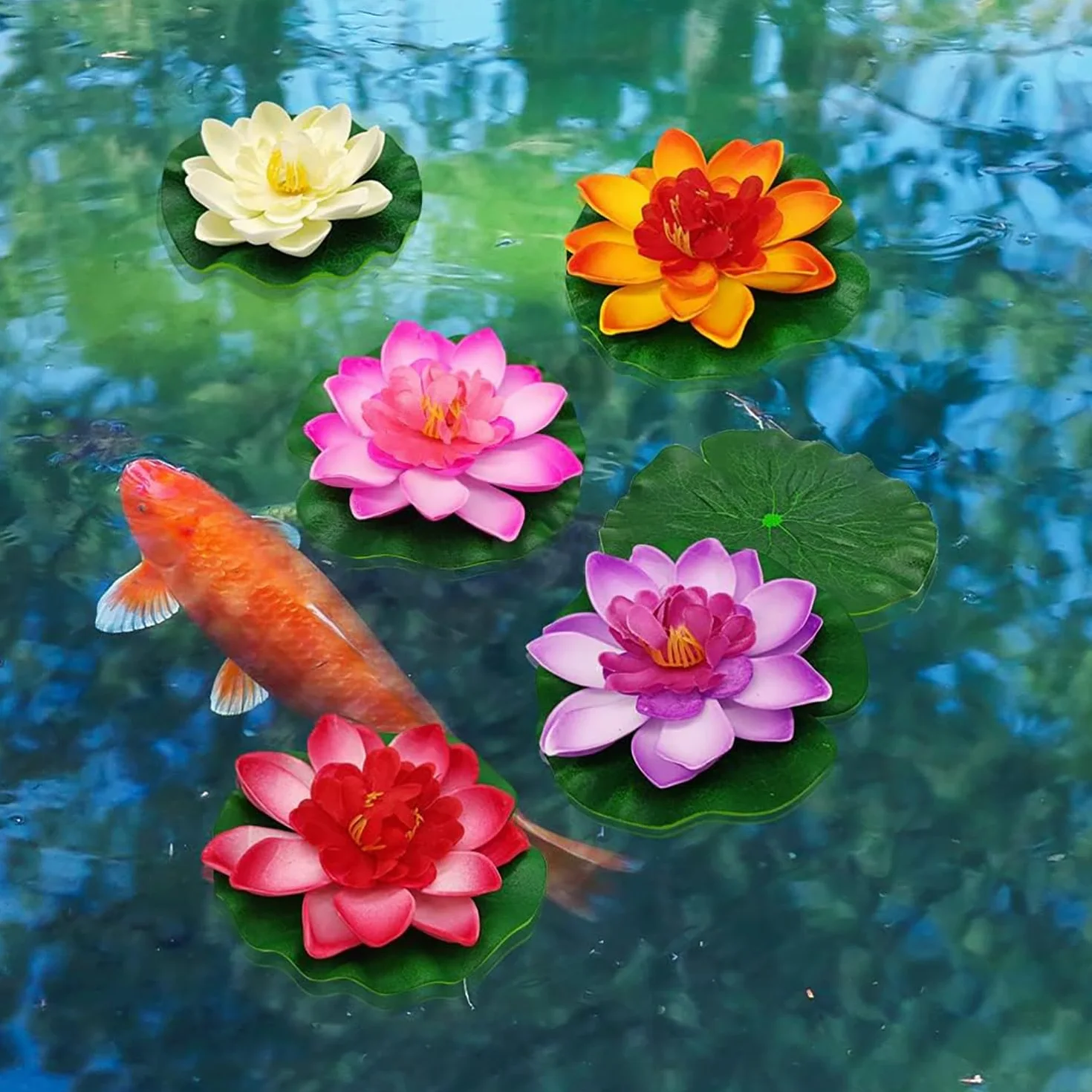 14 Pièces Nénuphar Flottant Fleurs Artificielles, Fleur de Nénuphar de Lotus avec Libellule Grenouille Artificielle Nenuphar Flottant Lotus pour Jardin, Aquarium, Etang de Jardin Décor