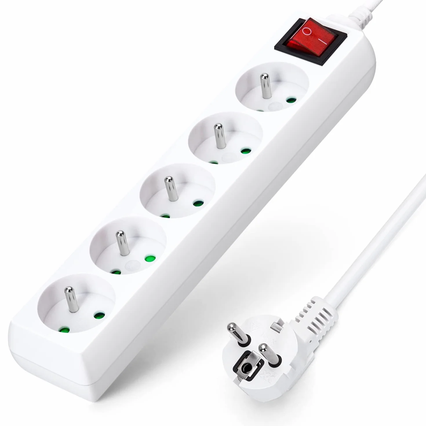 Aigostar Multiprise 5 Prises avec Interrupteur 2P+T 1.5 Mètre 16A 250V Blanc Sécurité Enfant