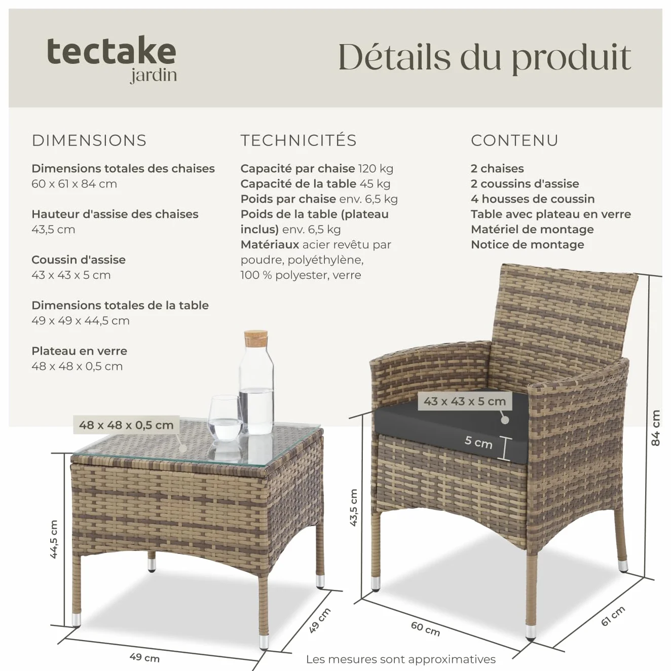 Ensemble Salon de Jardin Extérieur en Poly Rotin 2 Personnes Fauteuil Table avec Coussins Amovibles