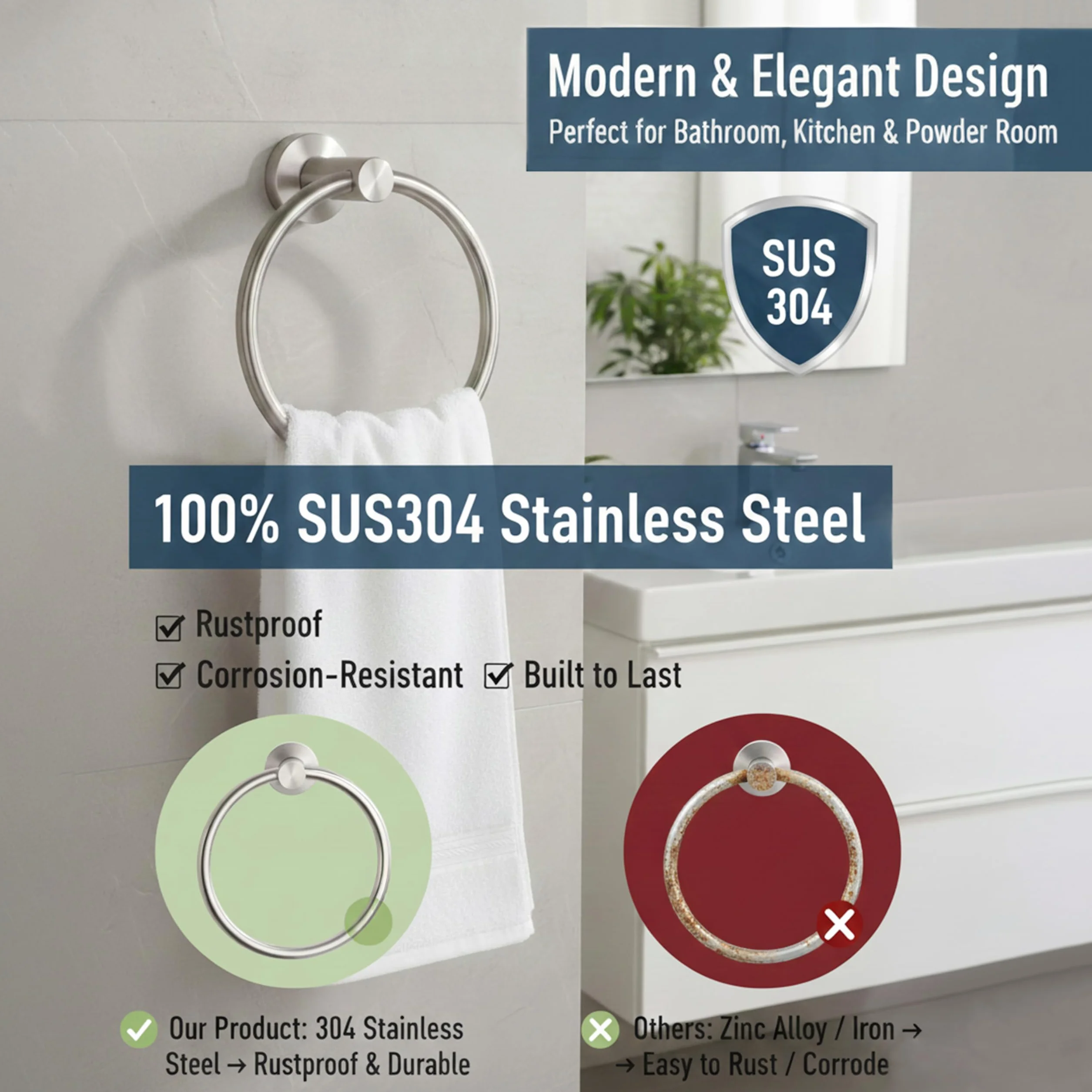 Anneau Porte-Serviette Rond Nickel Brossé Salle de Bain Acier Inoxydable