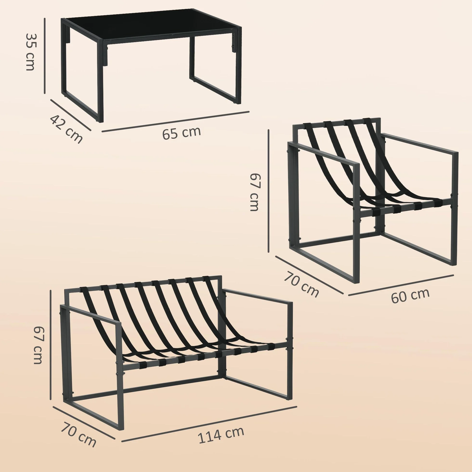 Outsunny Salon de Jardin 4 pièces Coussins Ultra-épais 15cm Ensemble mobilier Bas pour terrasse Canapé 2 Places Table Basse 2 Fauteuils Cadre Acier Noir