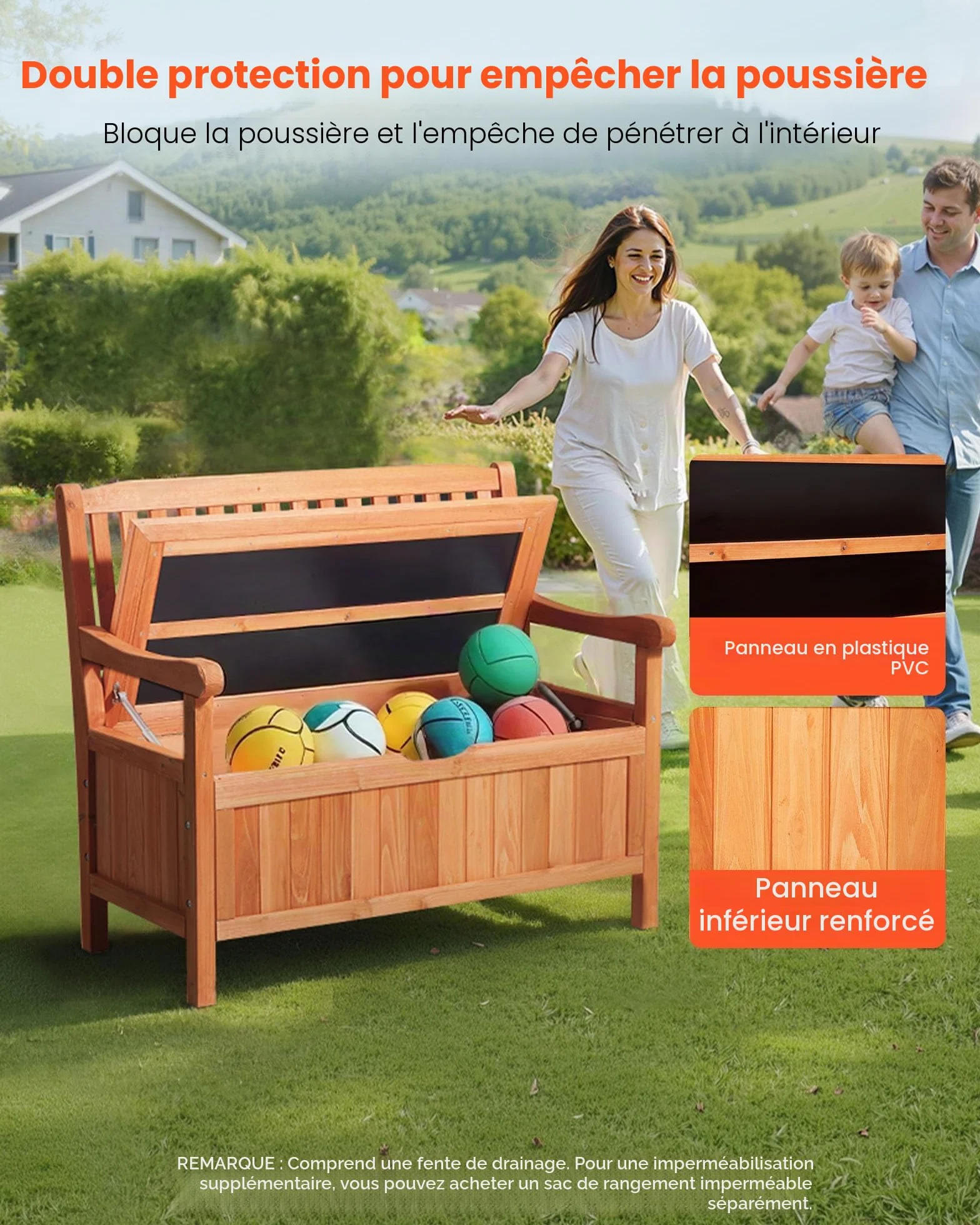 VEVOR Banc de Rangement Extérieur en Bois Coffre de Jardin 125 L 2 en 1 avec Poignée Latérale, Capacité de Charge 319,8 kg